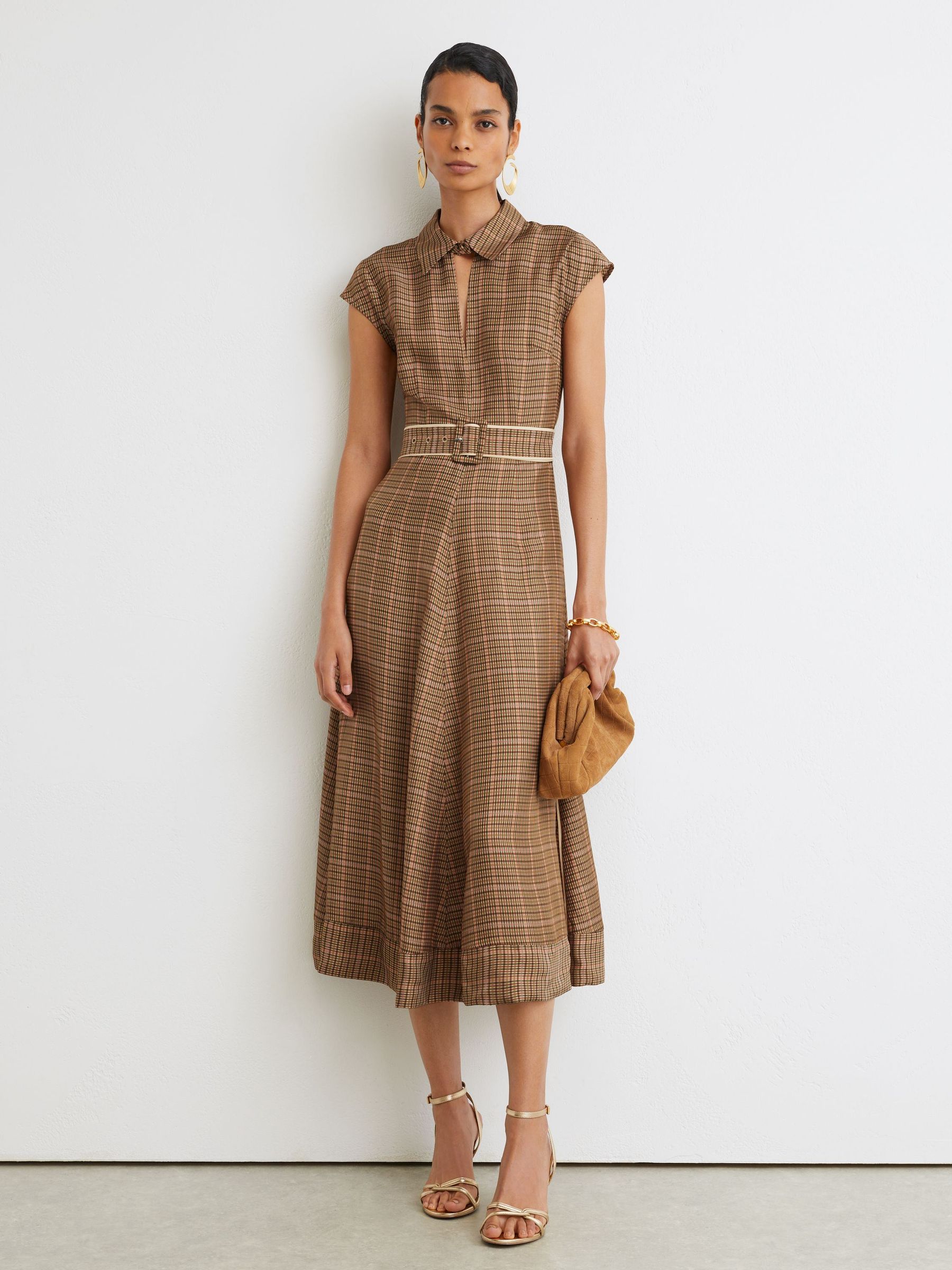 Collared Check Belted Midi Dress in Neutral Check - Image 5 of 9