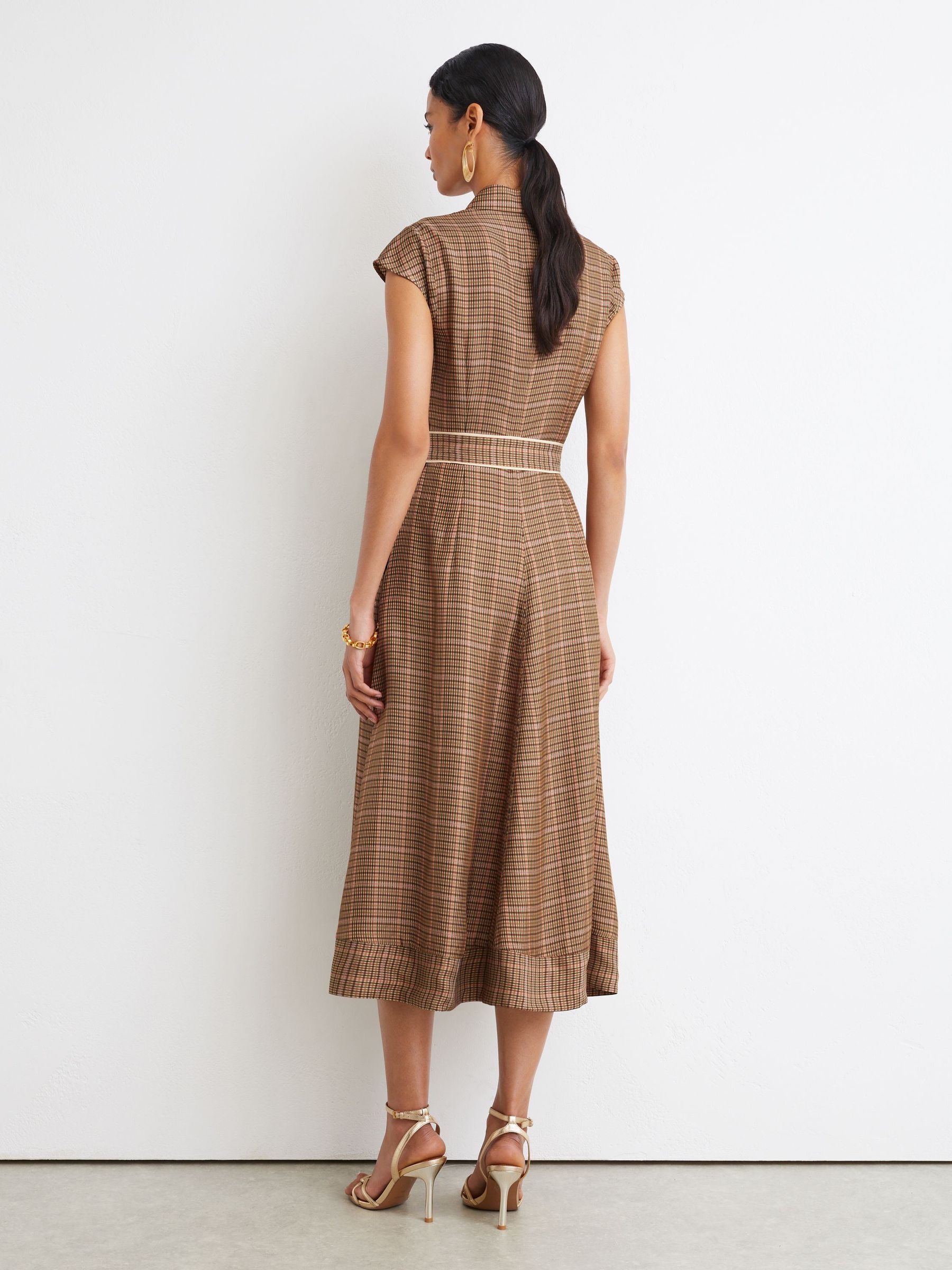 Collared Check Belted Midi Dress in Neutral Check - Image 7 of 9