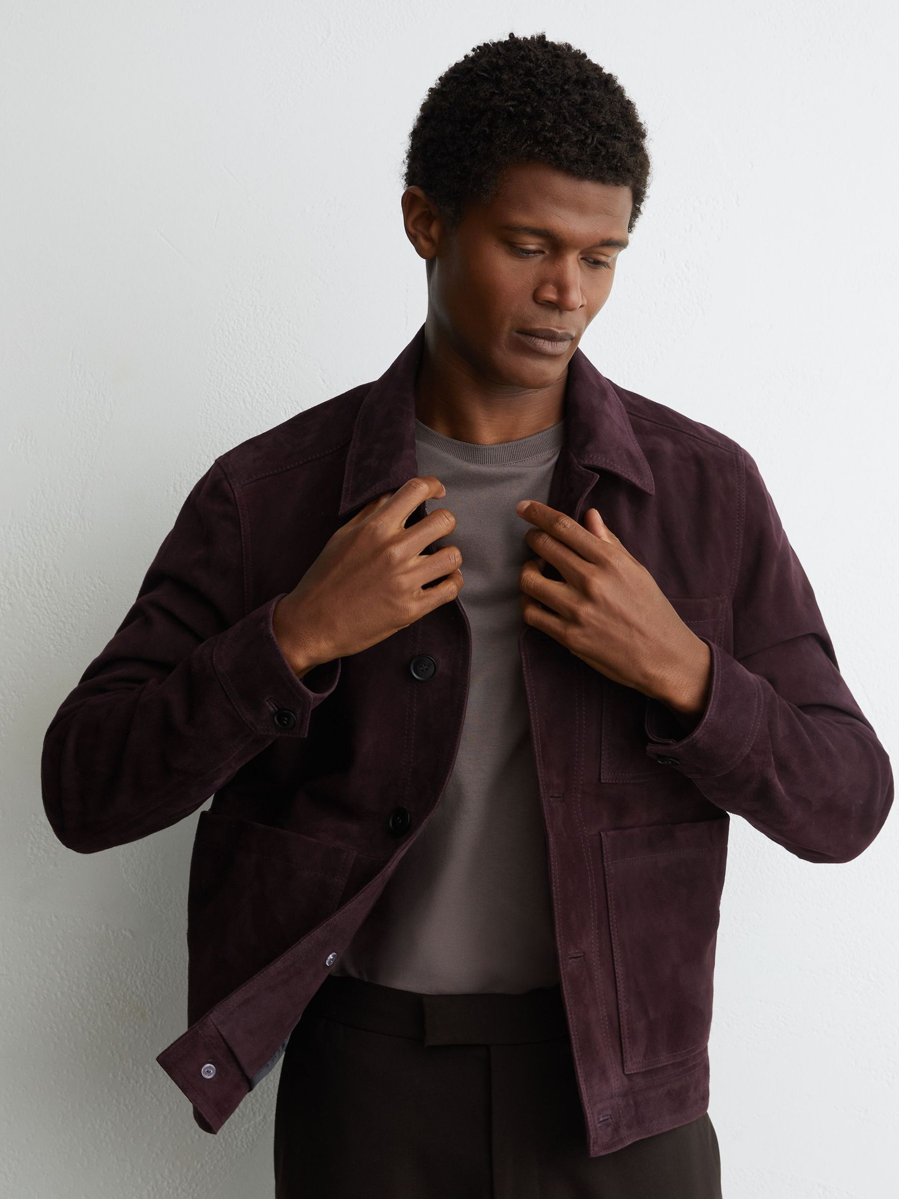 Suede Button-Through Trucker Jacket in Red - Image 3 of 8