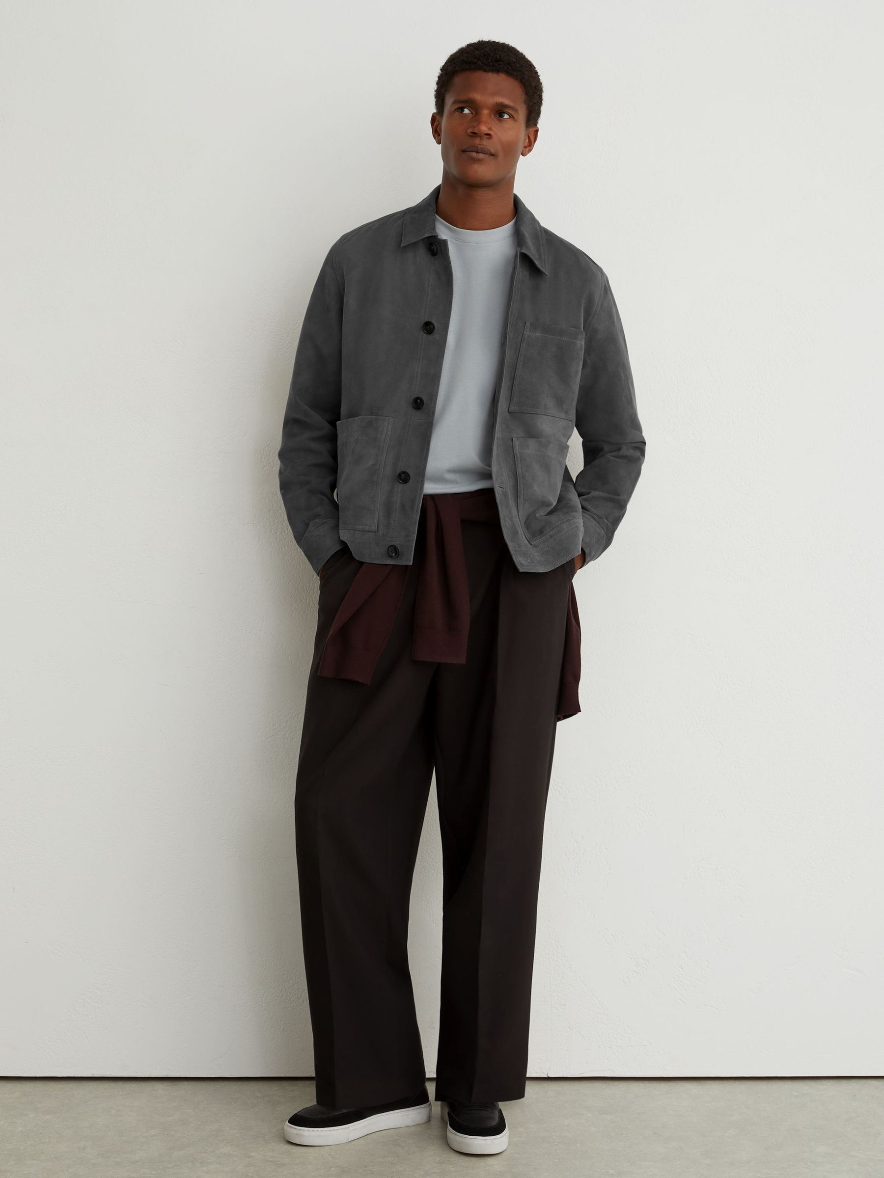 Suede Button-Through Trucker Jacket in Petrol Blue - Image 4 of 8