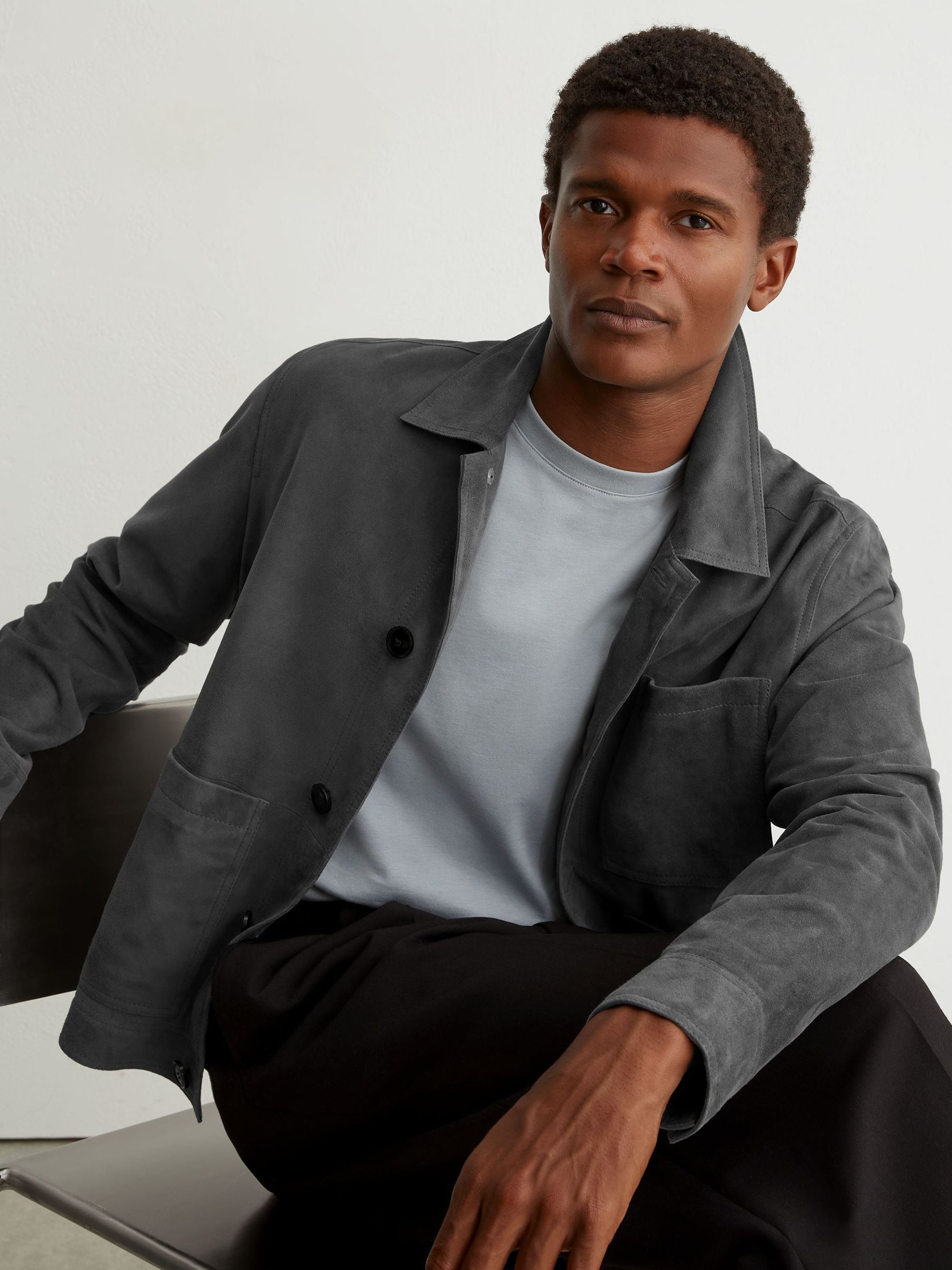 Suede Button-Through Trucker Jacket in Petrol Blue - Image 6 of 8