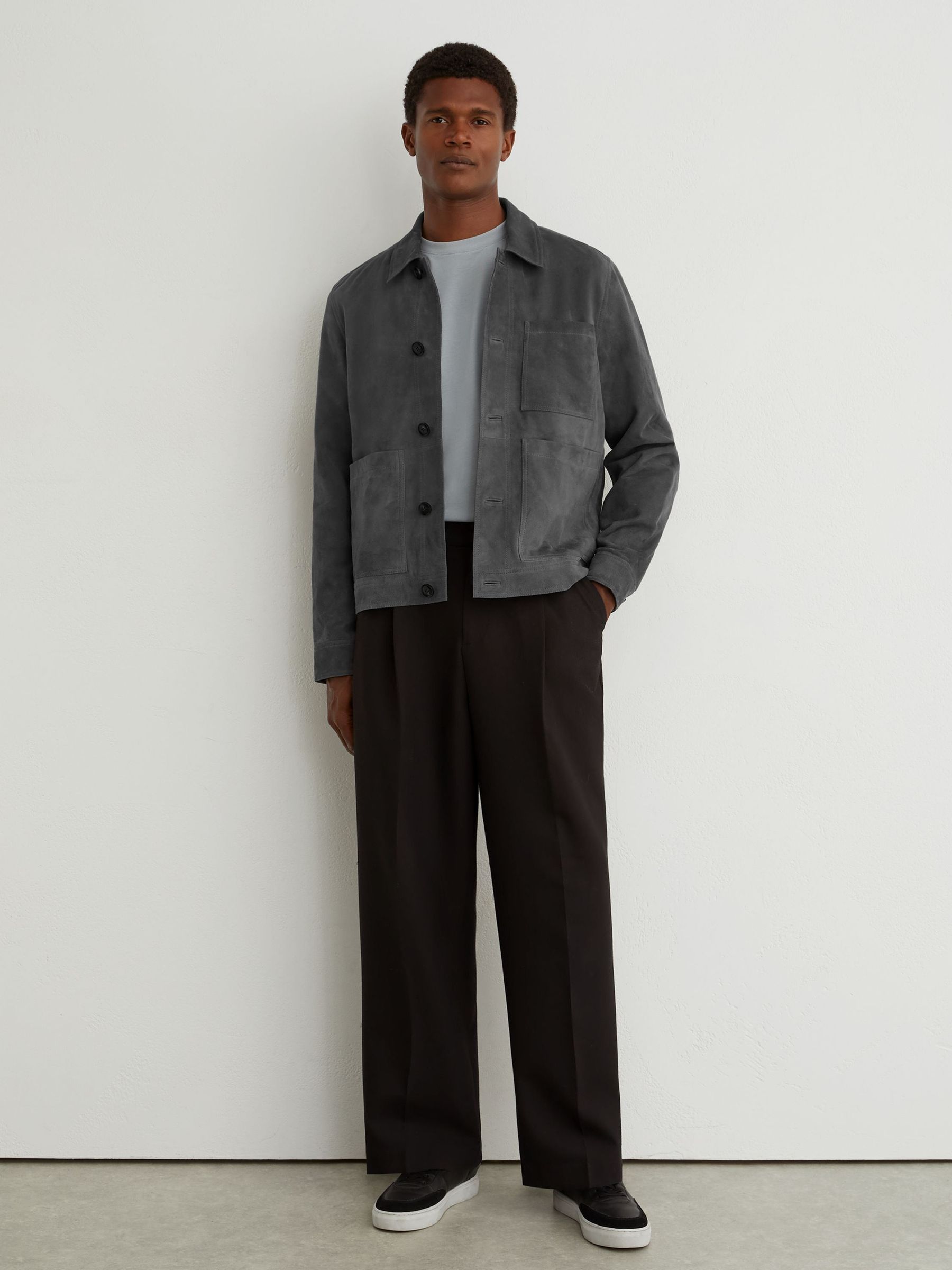 Suede Button-Through Trucker Jacket in Petrol Blue - Image 7 of 8