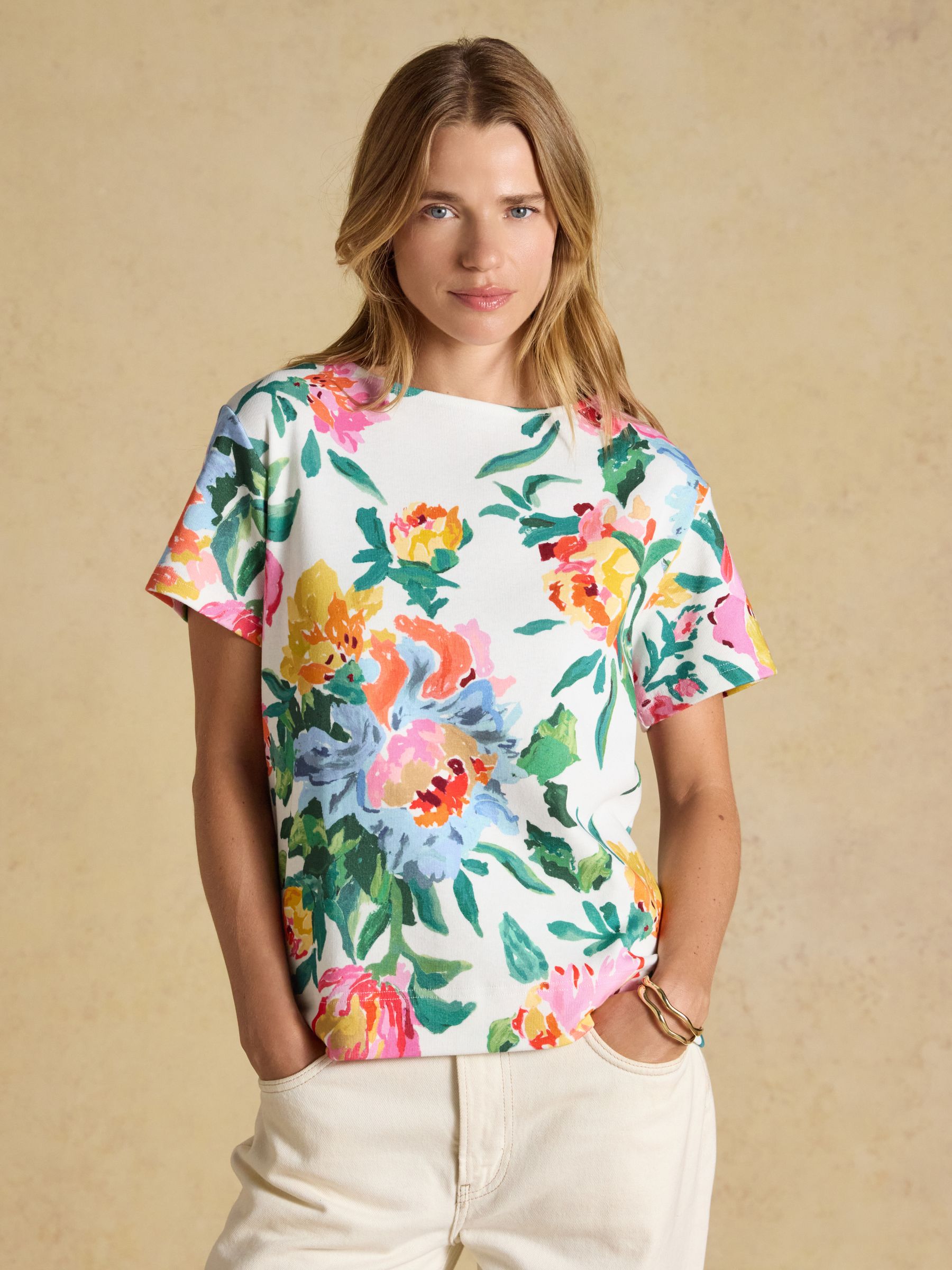Harbour Artist Floral Short Sleeve Boat Neck 100% Cotton Jersey Top - Image 1 of 7