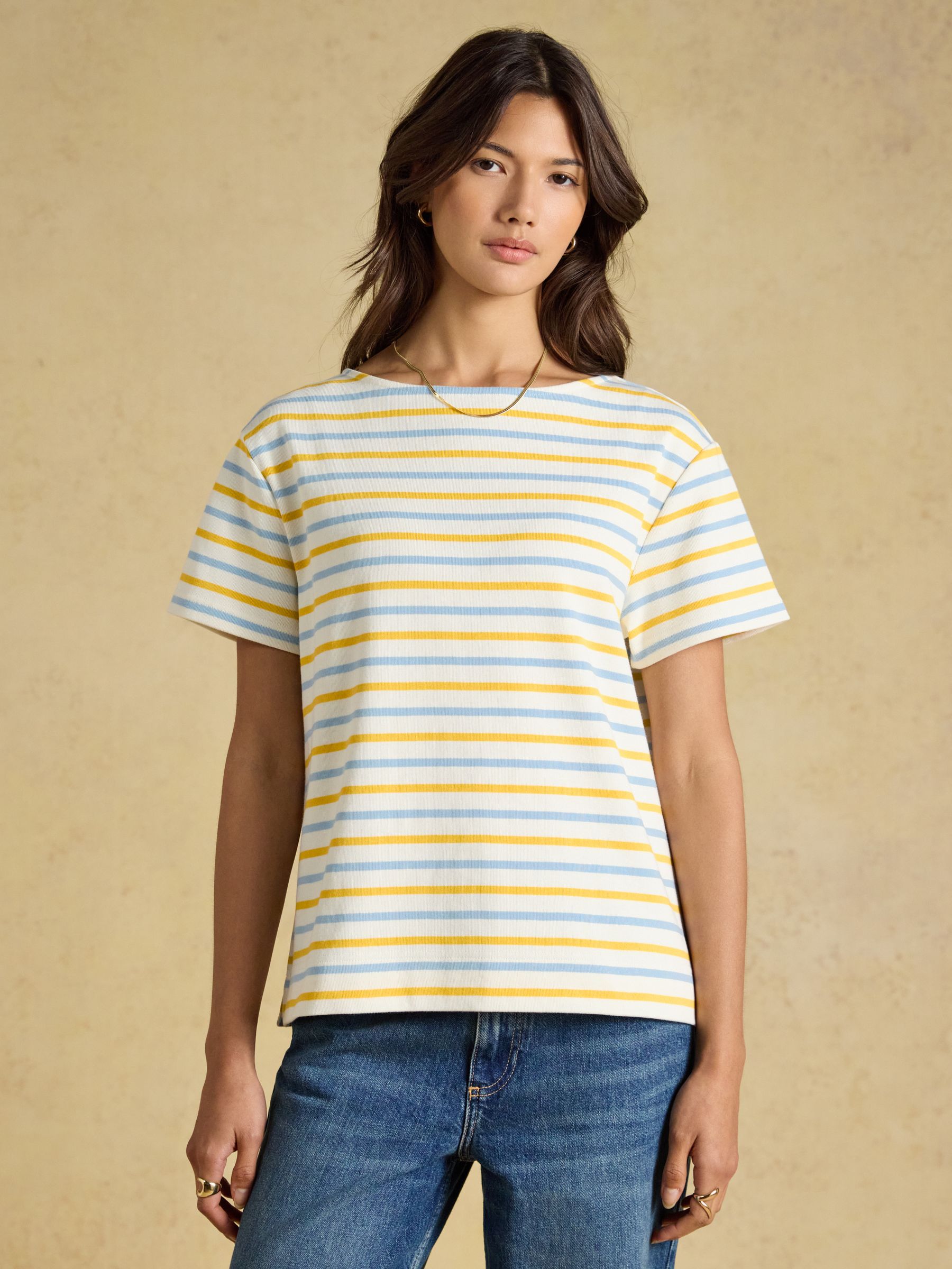 Harbour Blue & Yellow Striped Short Sleeve Boat Neck Cotton Jersey Top - Image 1 of 6 Harbour Blue & Yellow Striped Short Sleeve Boat Neck Cotton Jersey Top - Image 1 of 6