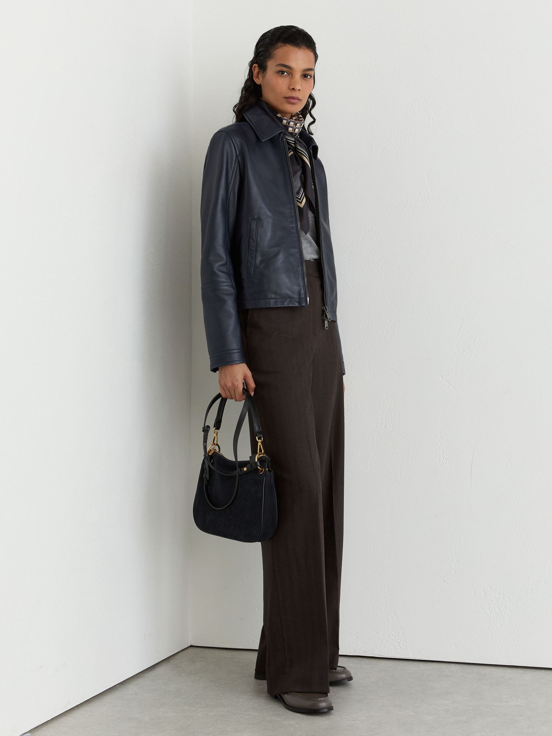 Petite Leather Zip-Through Moto Jacket in Ink Blue - Image 1 of 10