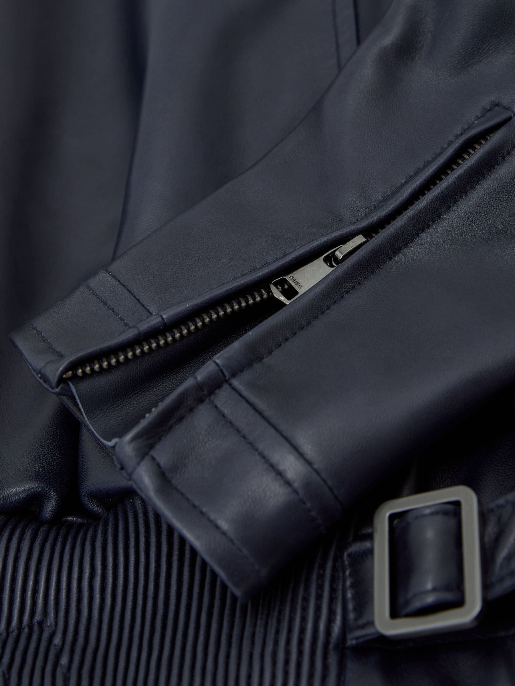 Petite Leather Zip-Through Moto Jacket in Ink Blue - Image 9 of 10