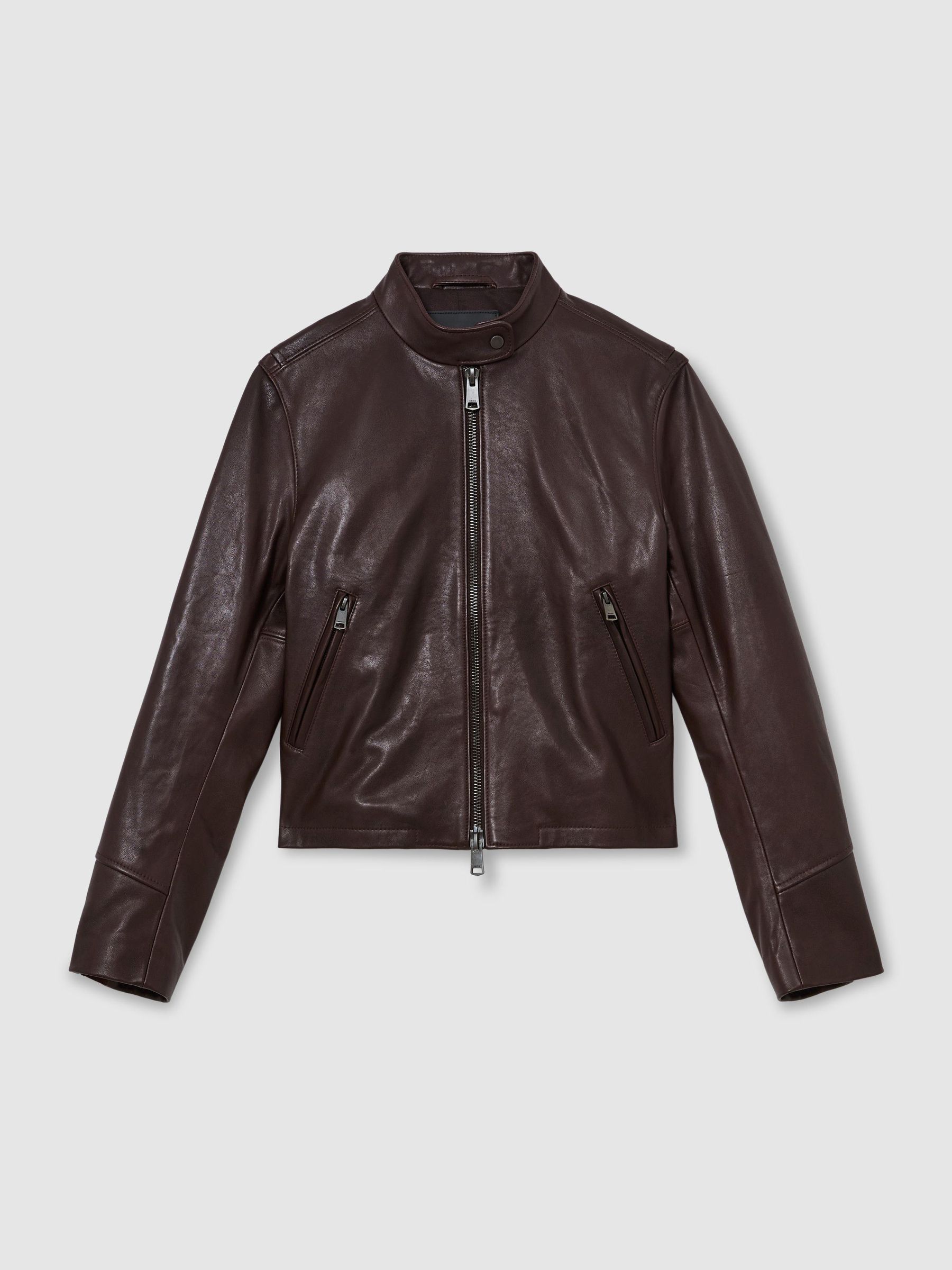 Petite Leather Biker Jacket in Burgundy Red - Εικόνα 2 από 8
