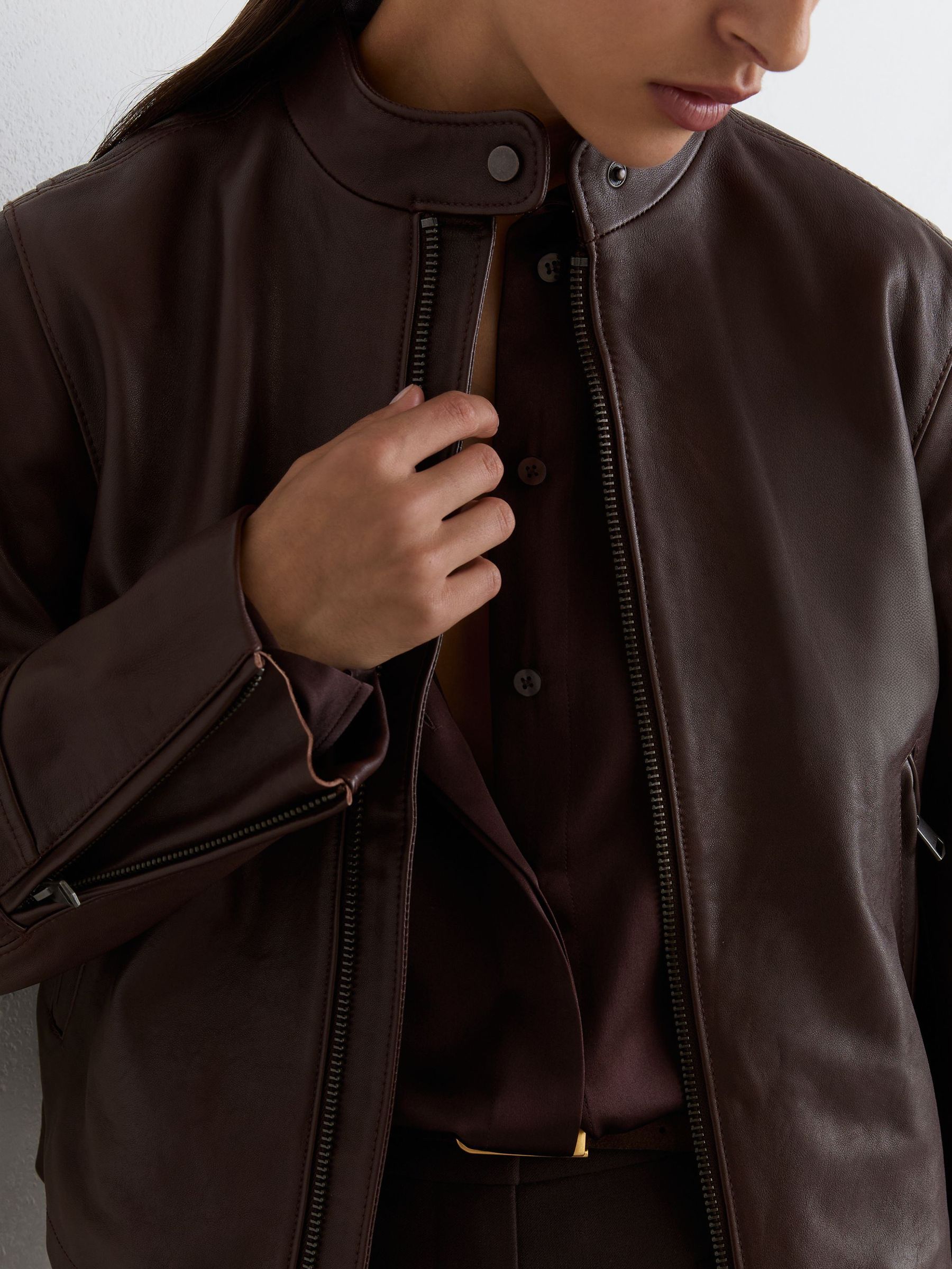 Petite Leather Biker Jacket in Burgundy Red - Εικόνα 6 από 8
