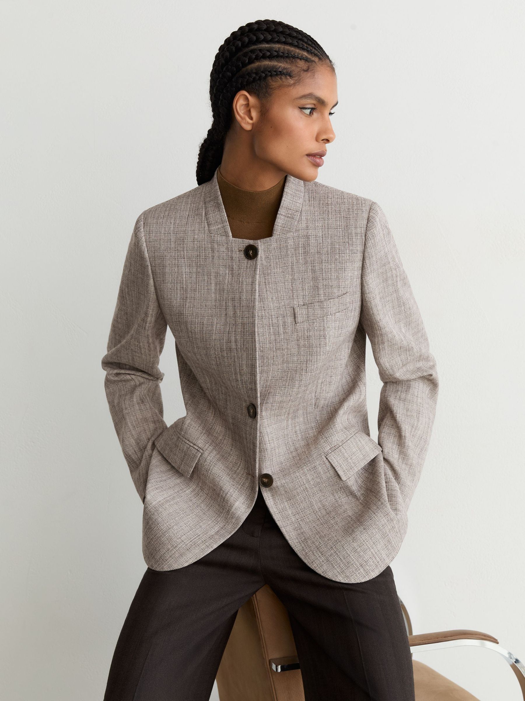 Wool-Blend Check Collarless Blazer in Neutral Check - Image 1 of 7 Wool-Blend Check Collarless Blazer in Neutral Check - Image 1 of 7