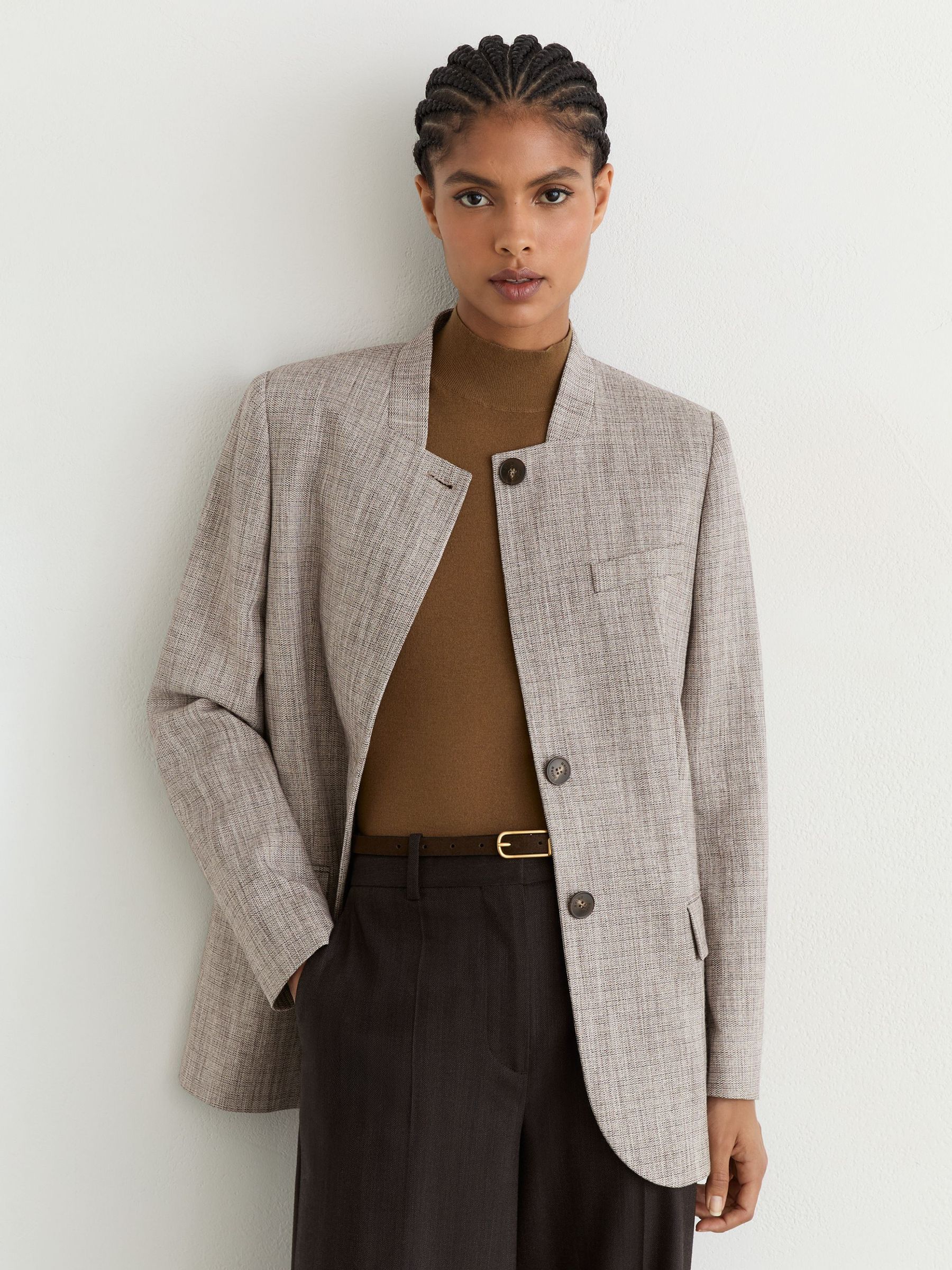 Wool-Blend Check Collarless Blazer in Neutral Check - Image 3 of 7