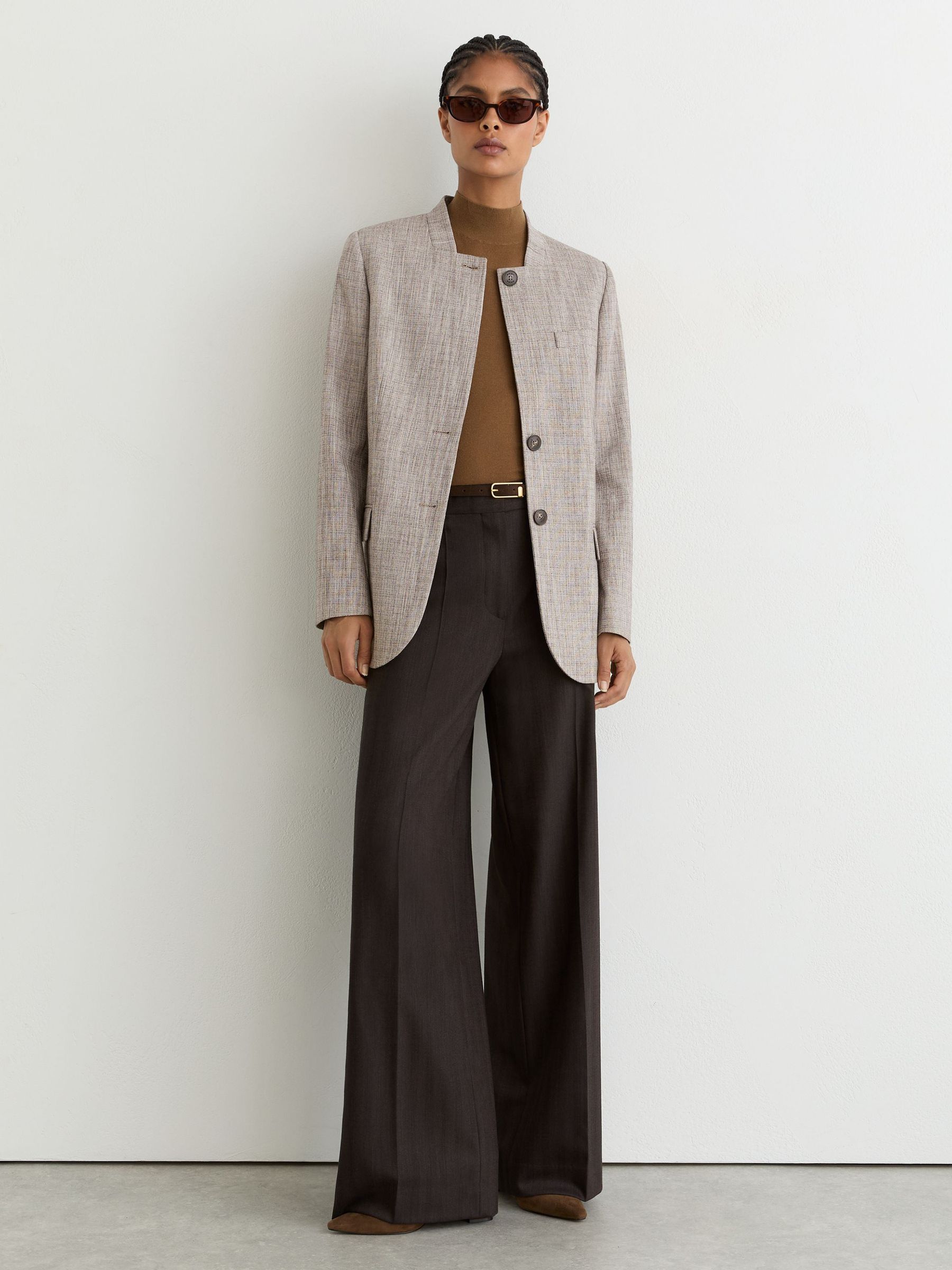 Wool-Blend Check Collarless Blazer in Neutral Check - Image 4 of 7