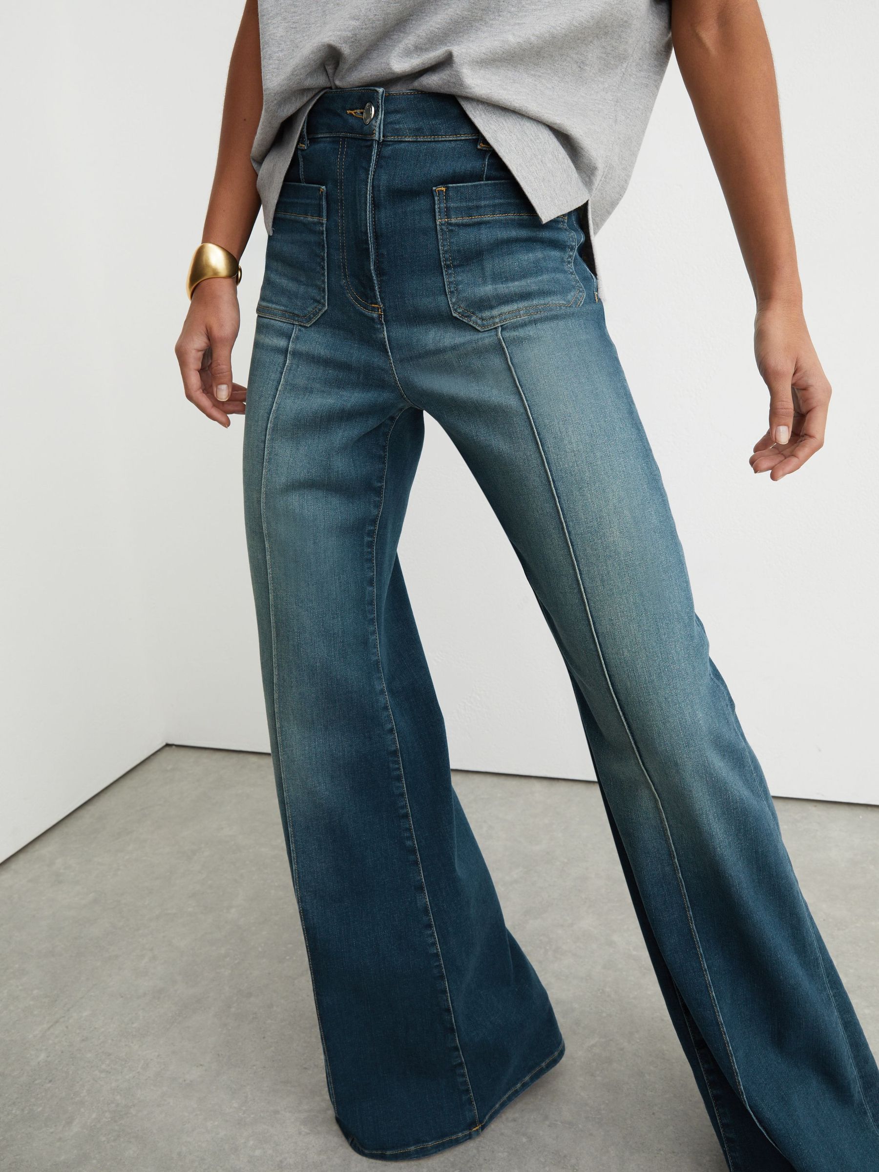 Tall Patch-Pocket Flared Jeans in Mid Blue - Image 1 of 8