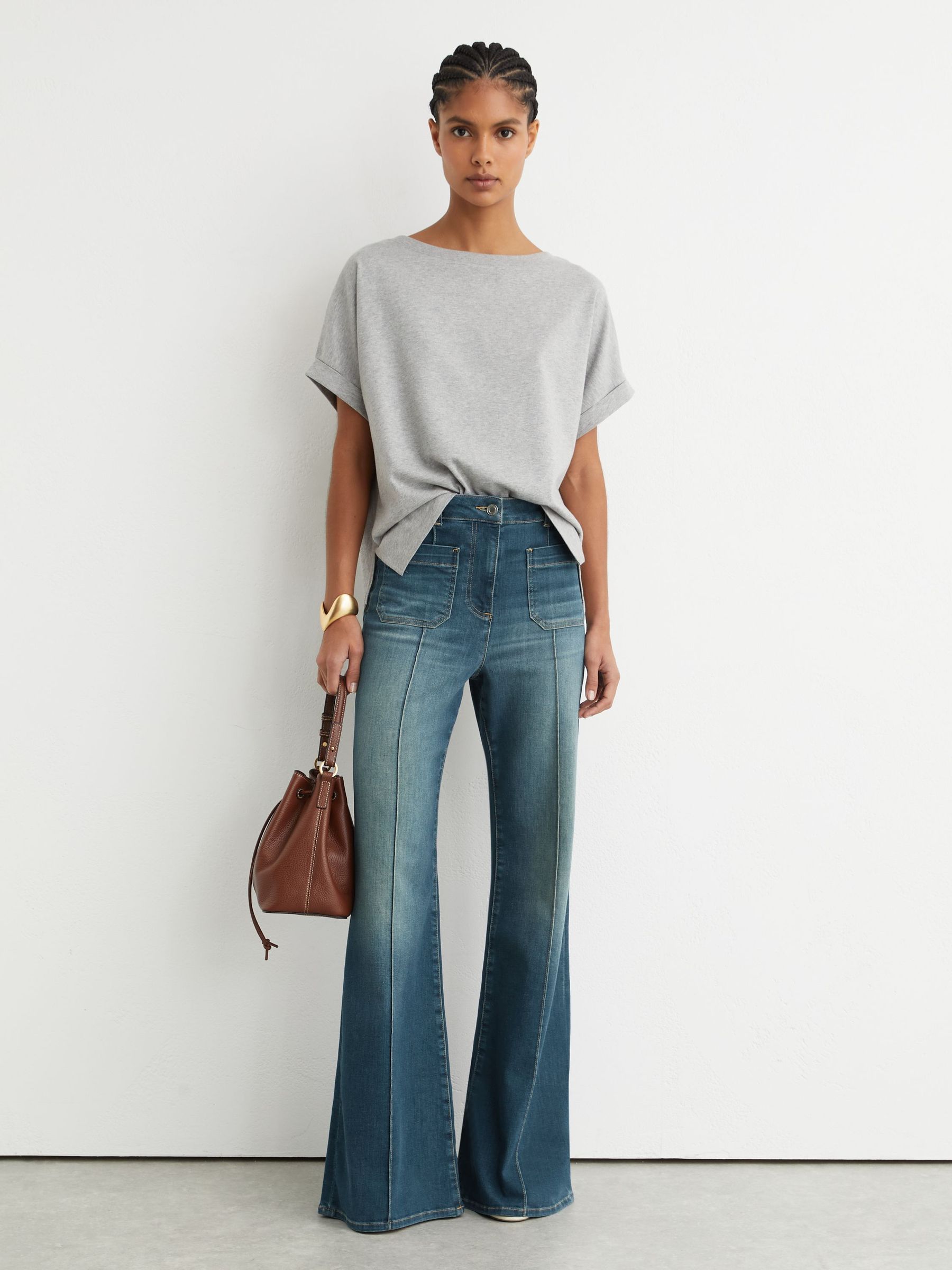 Tall Patch-Pocket Flared Jeans in Mid Blue - Image 3 of 8