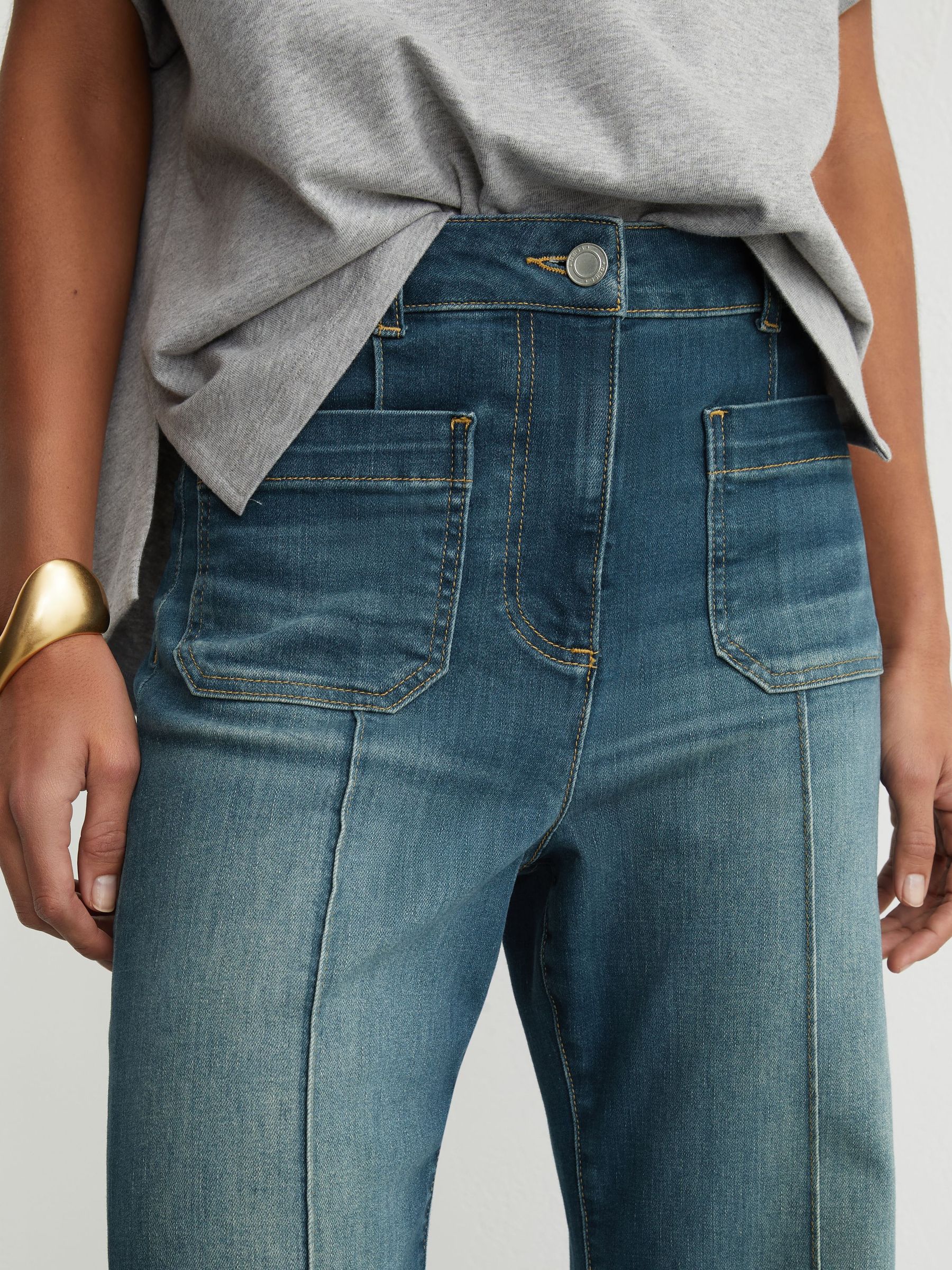 Tall Patch-Pocket Flared Jeans in Mid Blue - Image 6 of 8