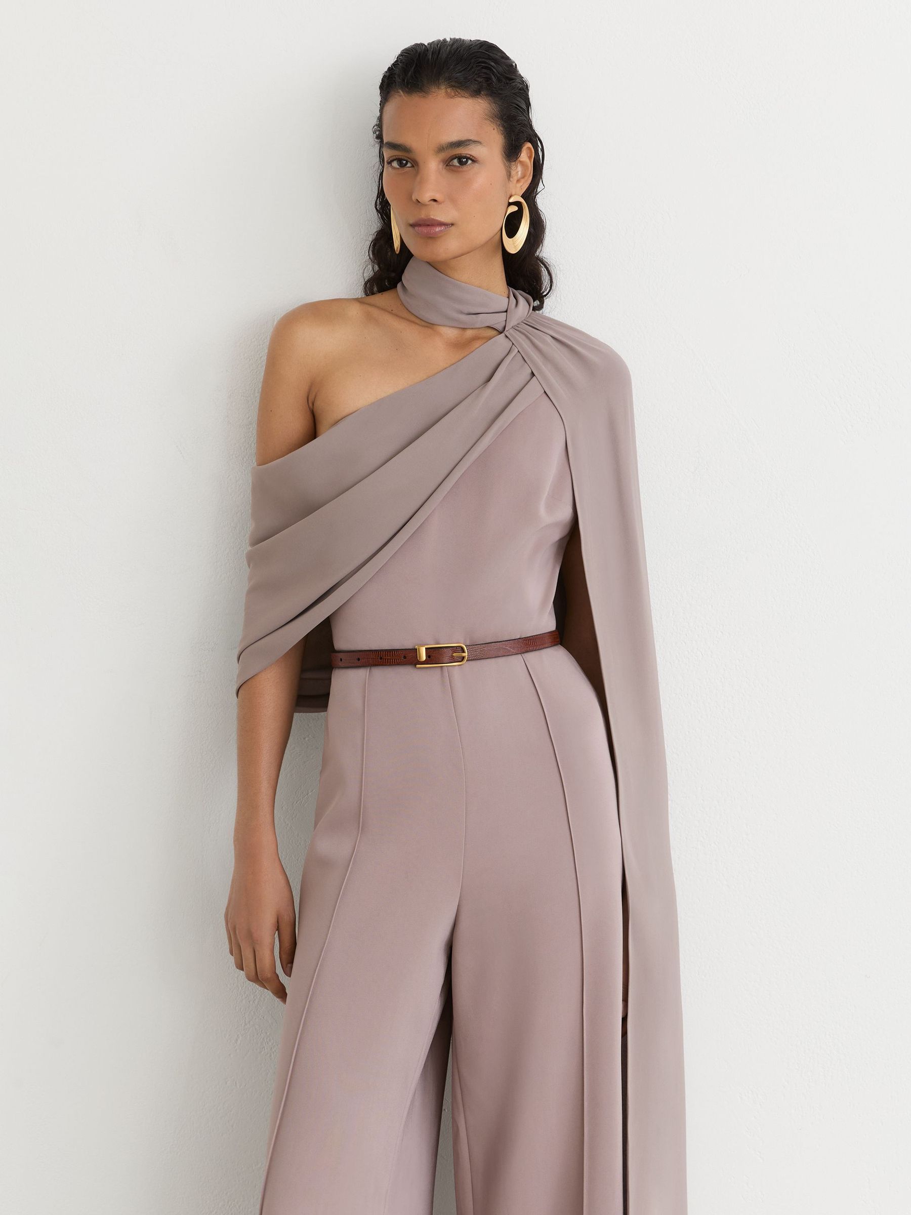 One-Shoulder Drape Wide-Leg Jumpsuit in Mauve - Image 1 of 7