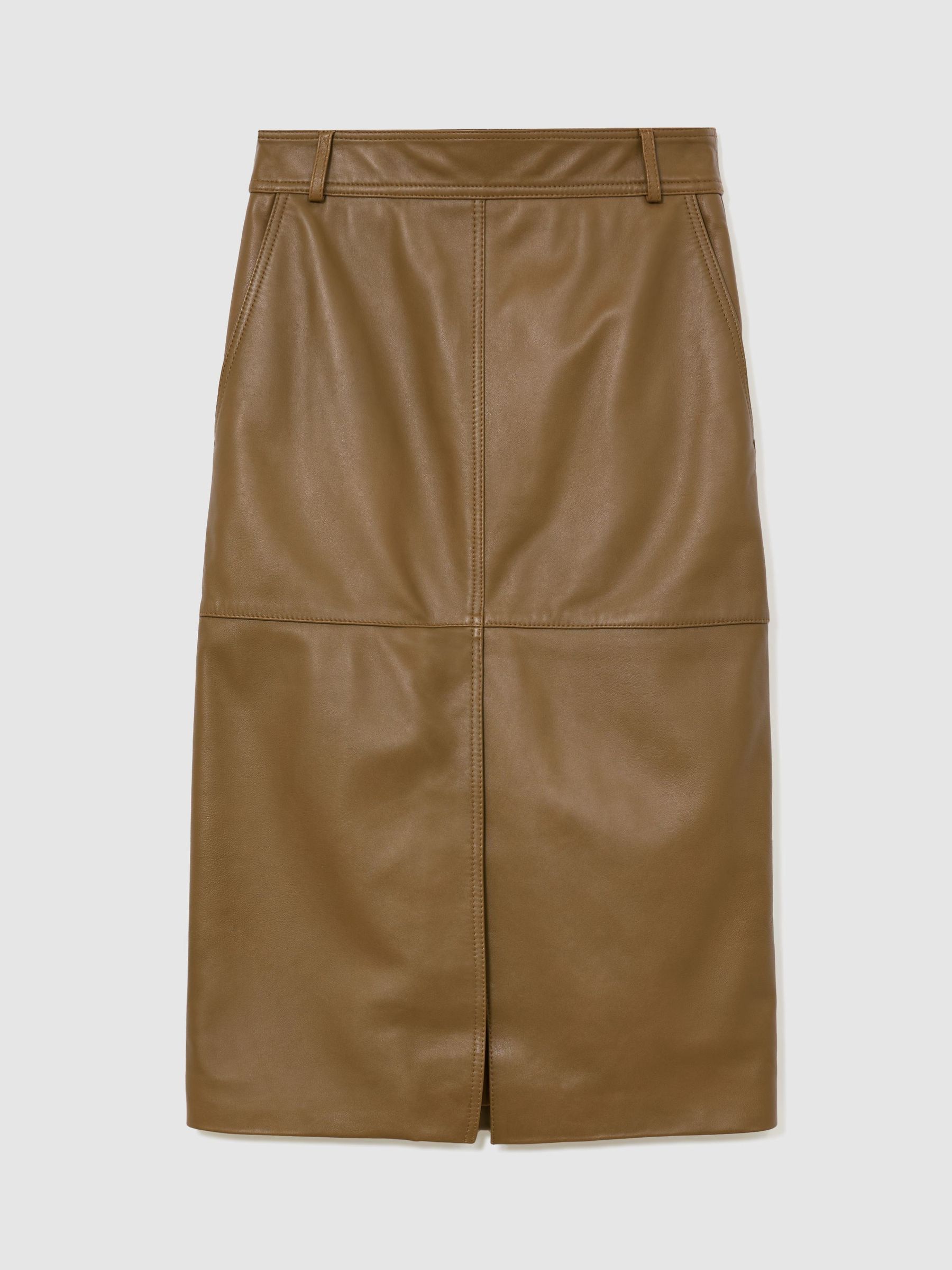 Leather Midi Pencil Skirt in Khaki Green - Image 2 of 8 Leather Midi Pencil Skirt in Khaki Green - Image 2 of 8