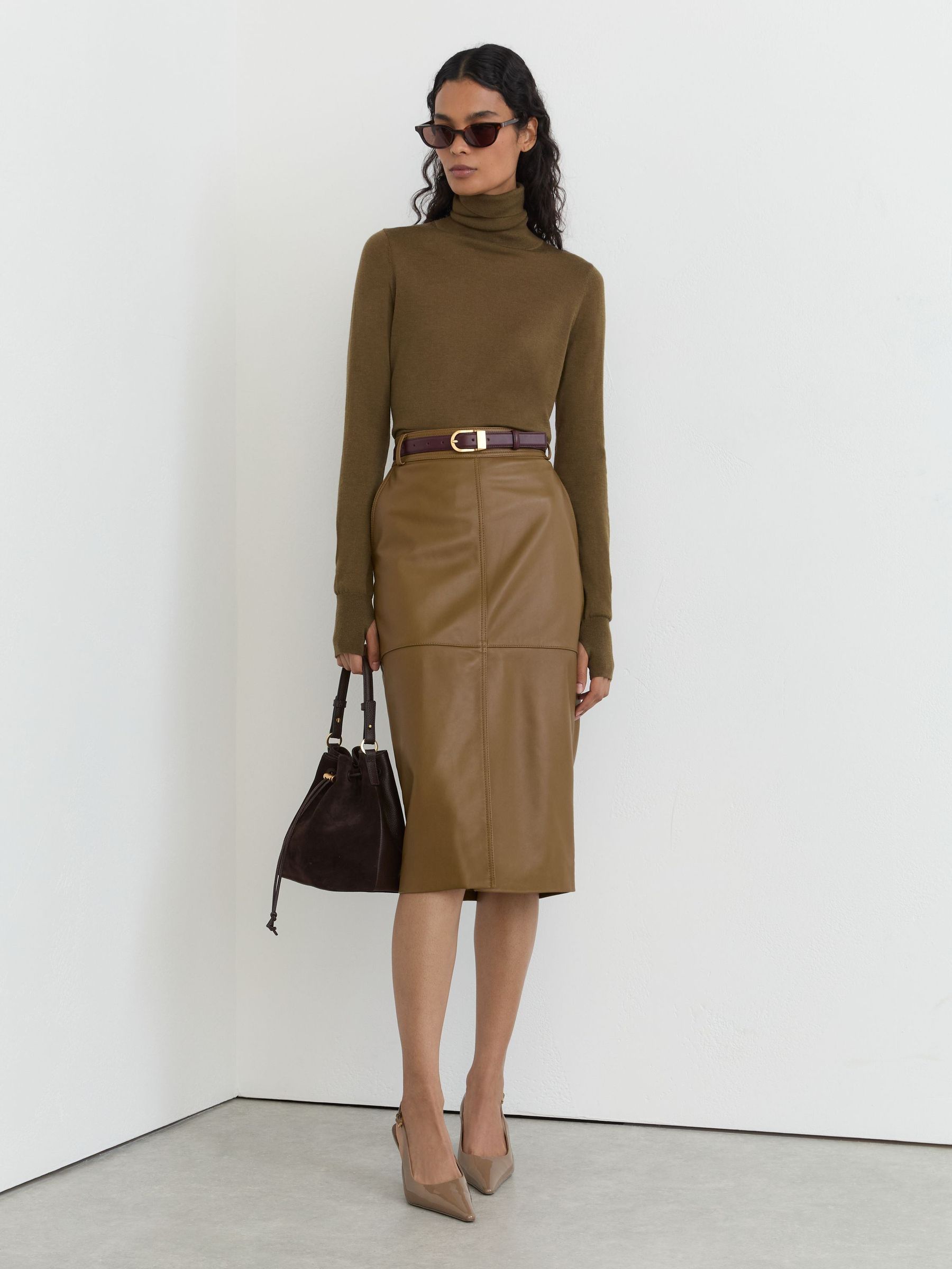 Leather Midi Pencil Skirt in Khaki Green - Image 3 of 8