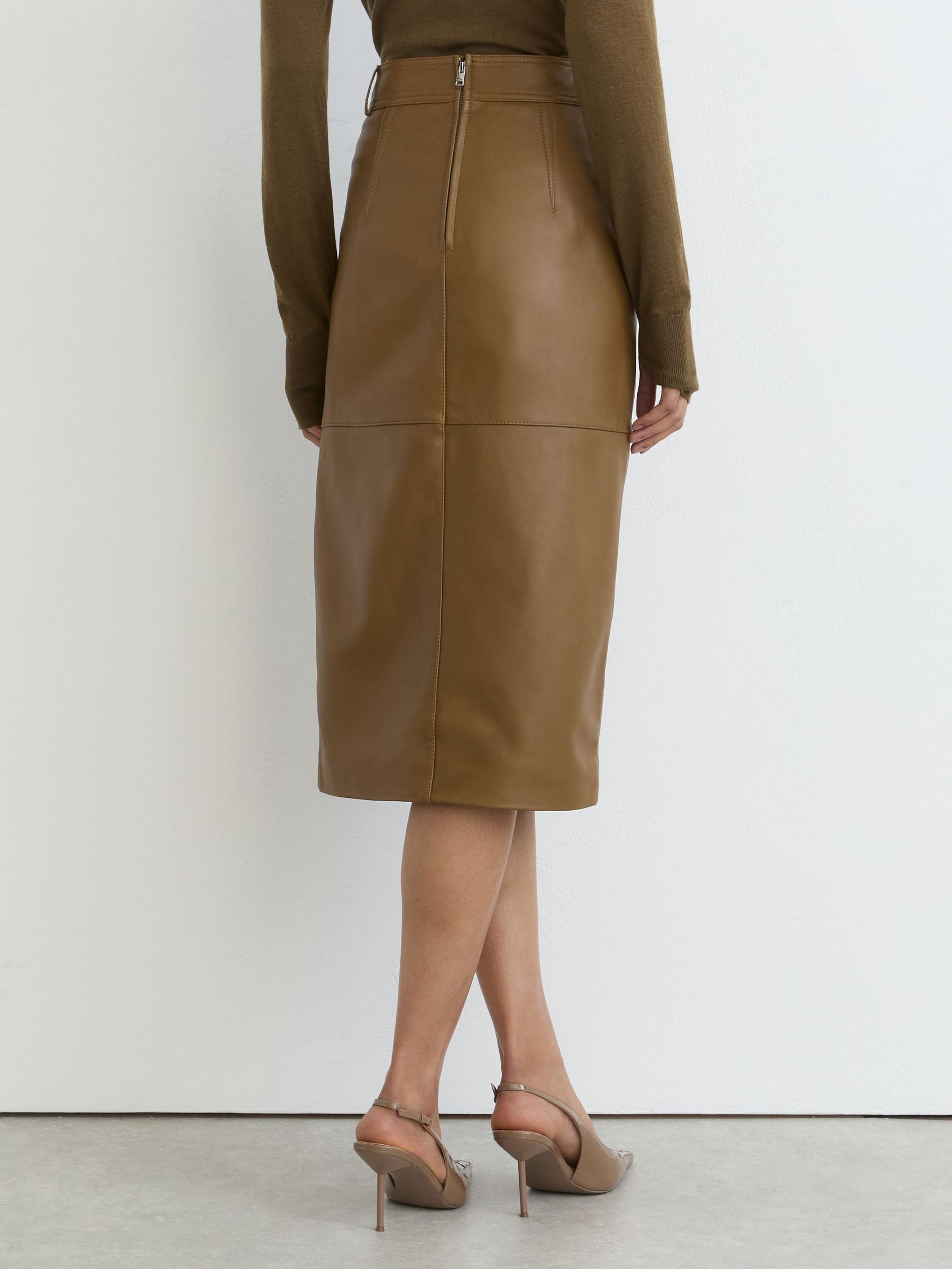Leather Midi Pencil Skirt in Khaki Green - Image 6 of 8