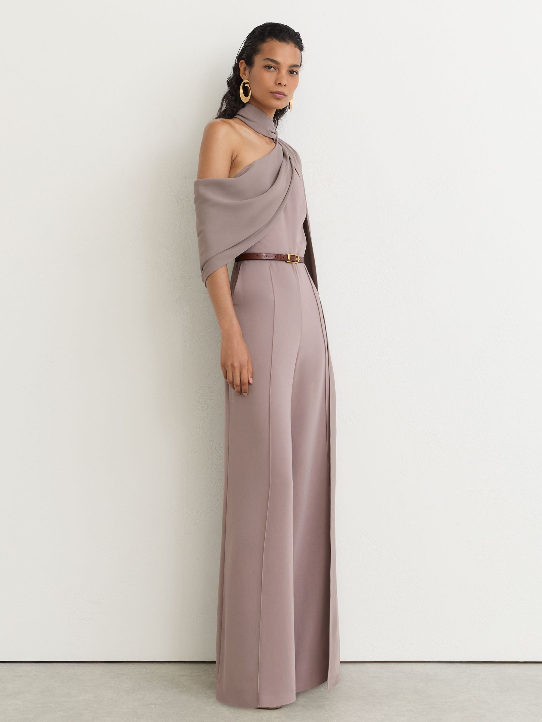 Petite One-Shoulder Drape Wide-Leg Jumpsuit in Mauve - Image 7 of 9