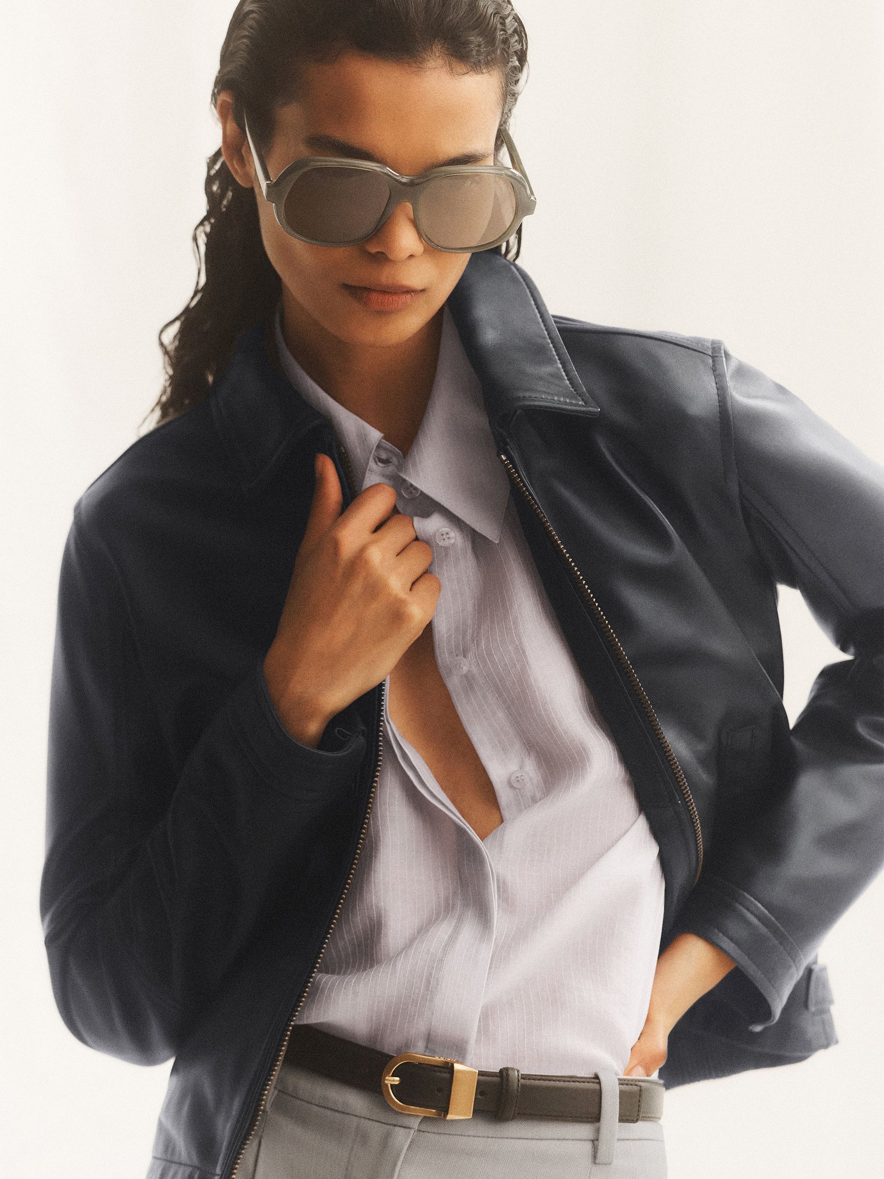 Leather Zip-Through Moto Jacket in Ink Blue - Image 1 of 11