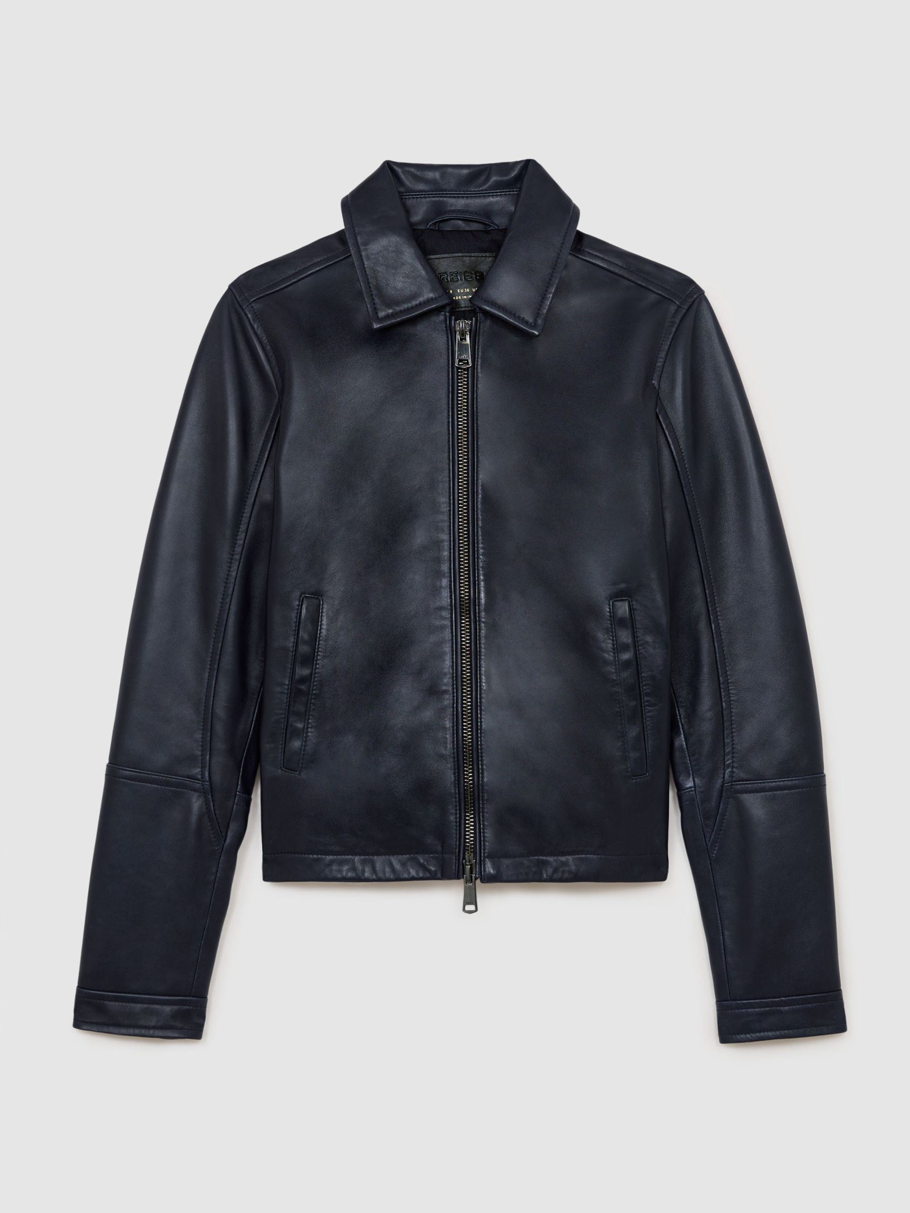 Leather Zip-Through Moto Jacket in Ink Blue - Image 2 of 11