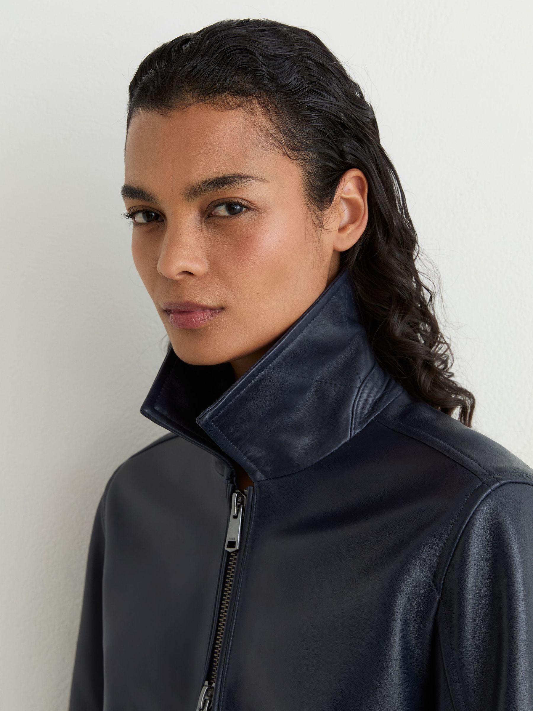 Leather Zip-Through Moto Jacket in Ink Blue - Image 3 of 11
