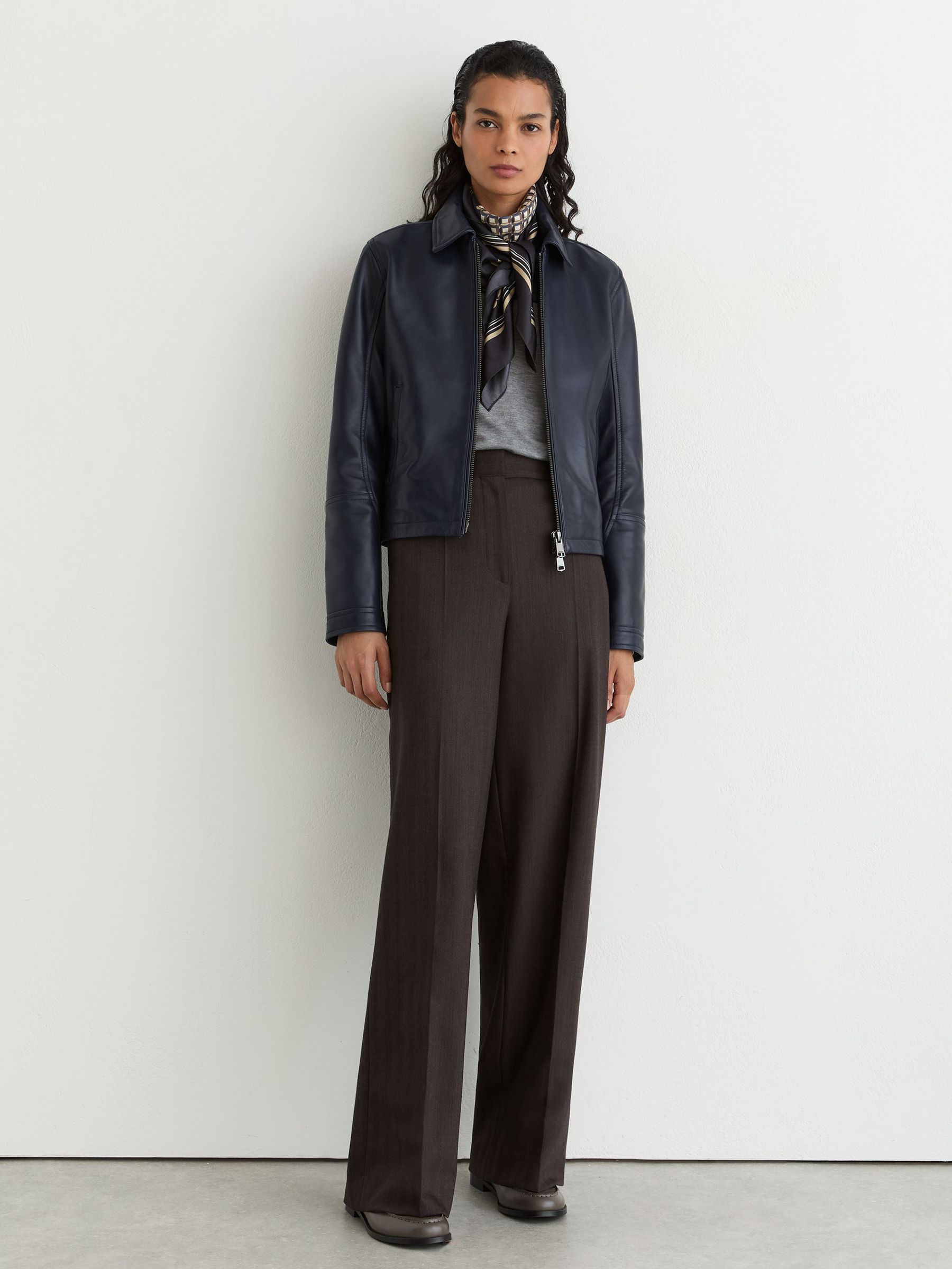 Leather Zip-Through Moto Jacket in Ink Blue - Image 5 of 11