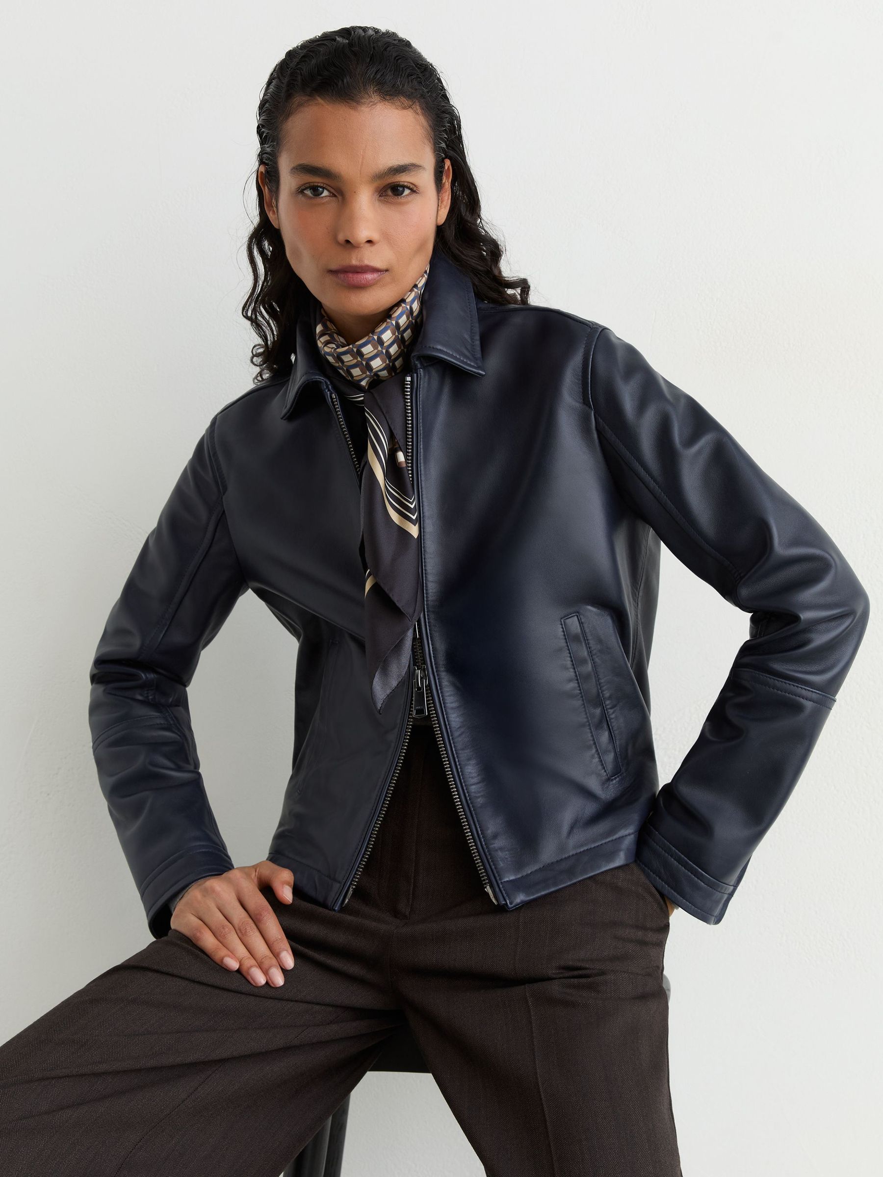 Leather Zip-Through Moto Jacket in Ink Blue - Image 7 of 11
