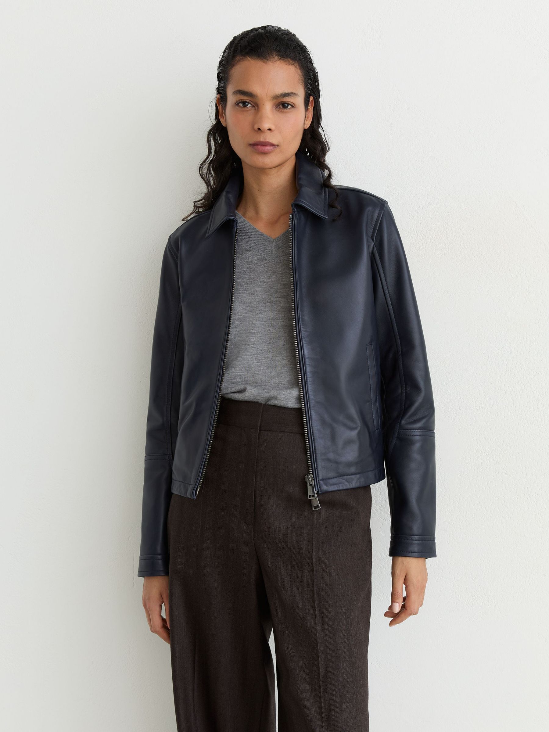 Leather Zip-Through Moto Jacket in Ink Blue - Image 8 of 11