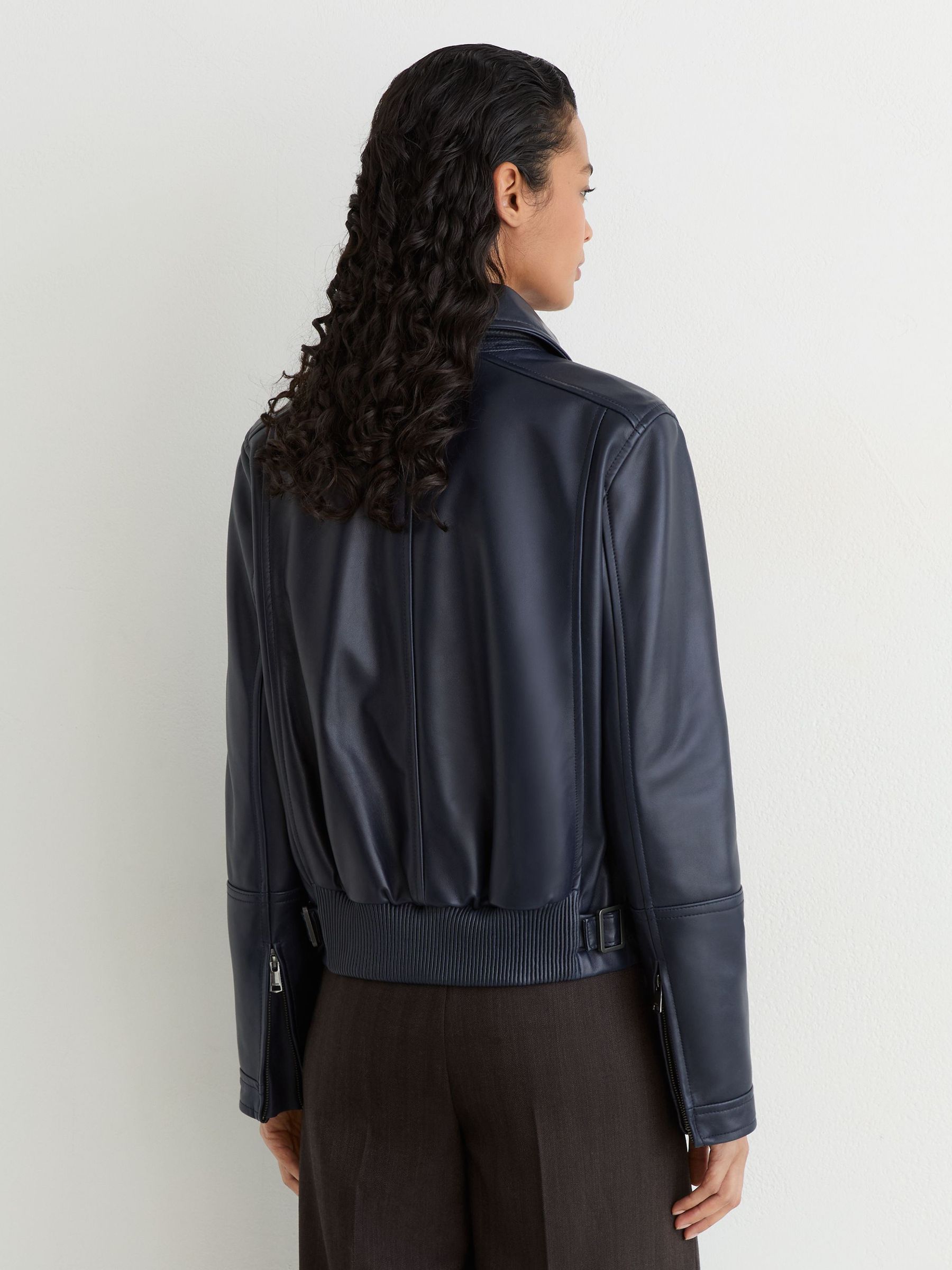 Leather Zip-Through Moto Jacket in Ink Blue - Image 9 of 11