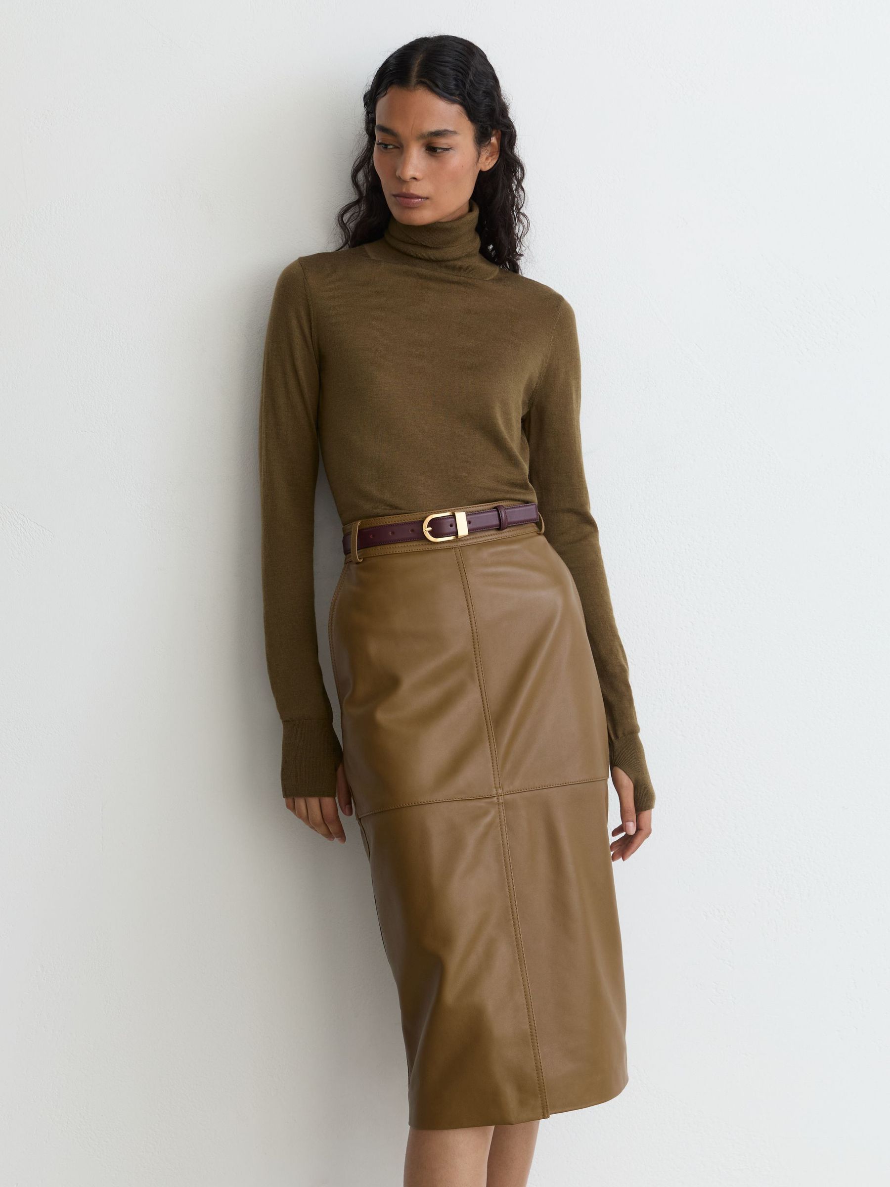 Petite Leather Midi Pencil Skirt in Khaki Green - Image 4 of 8