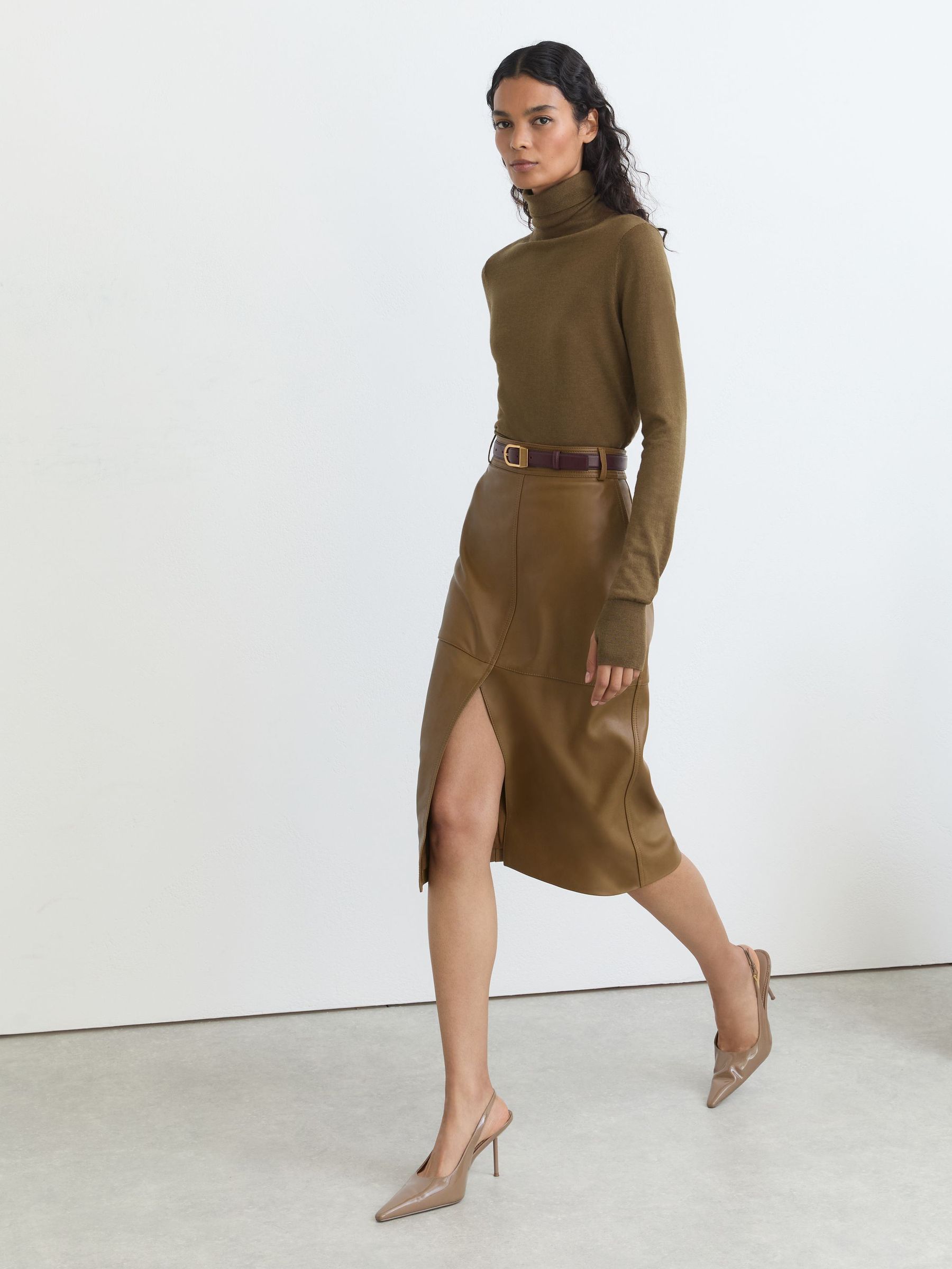 Petite Leather Midi Pencil Skirt in Khaki Green - Image 6 of 8