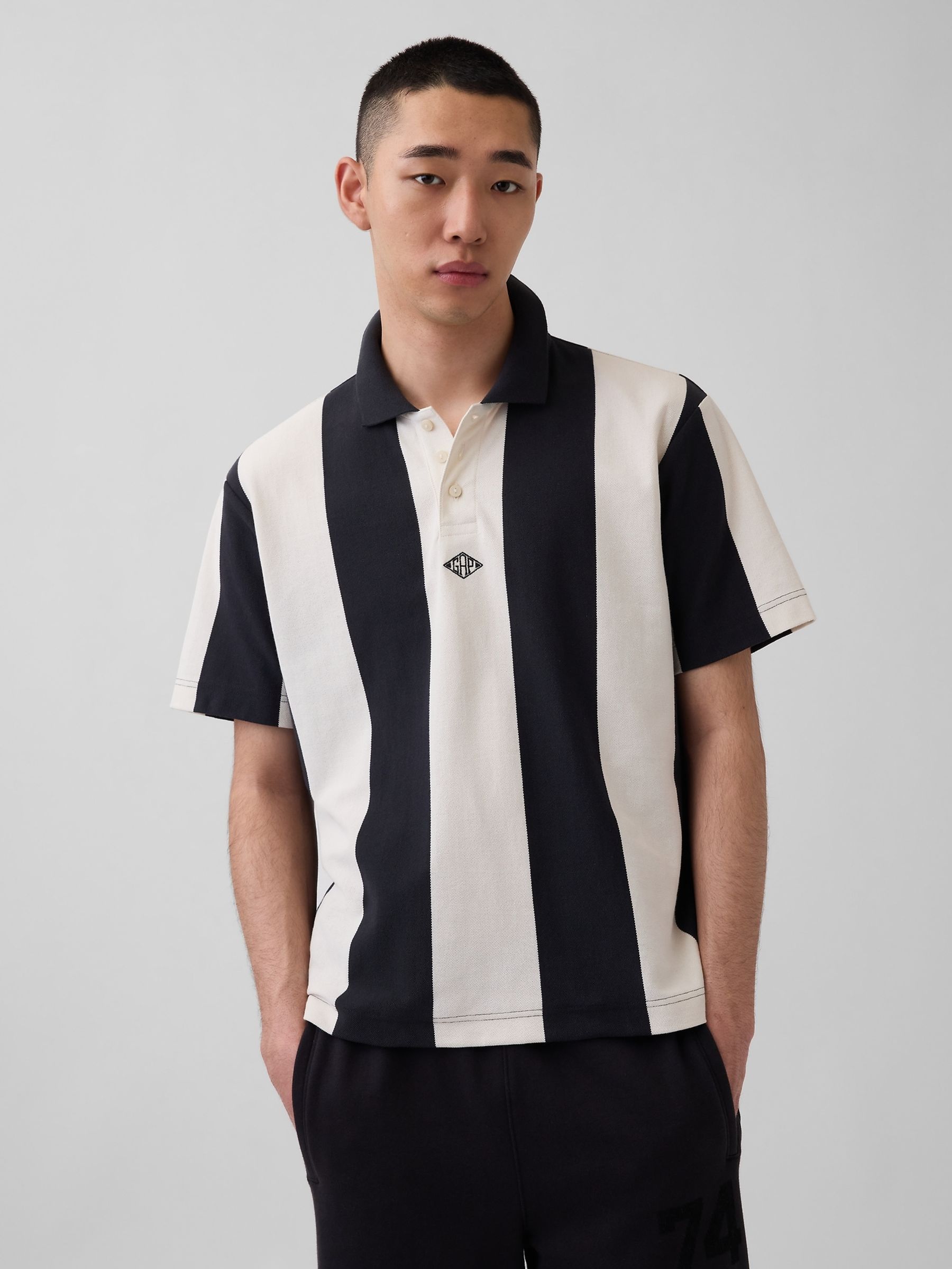 OuiGap Black/White Stripe Relaxed Pique Polo Shirt - Image 1 of 5