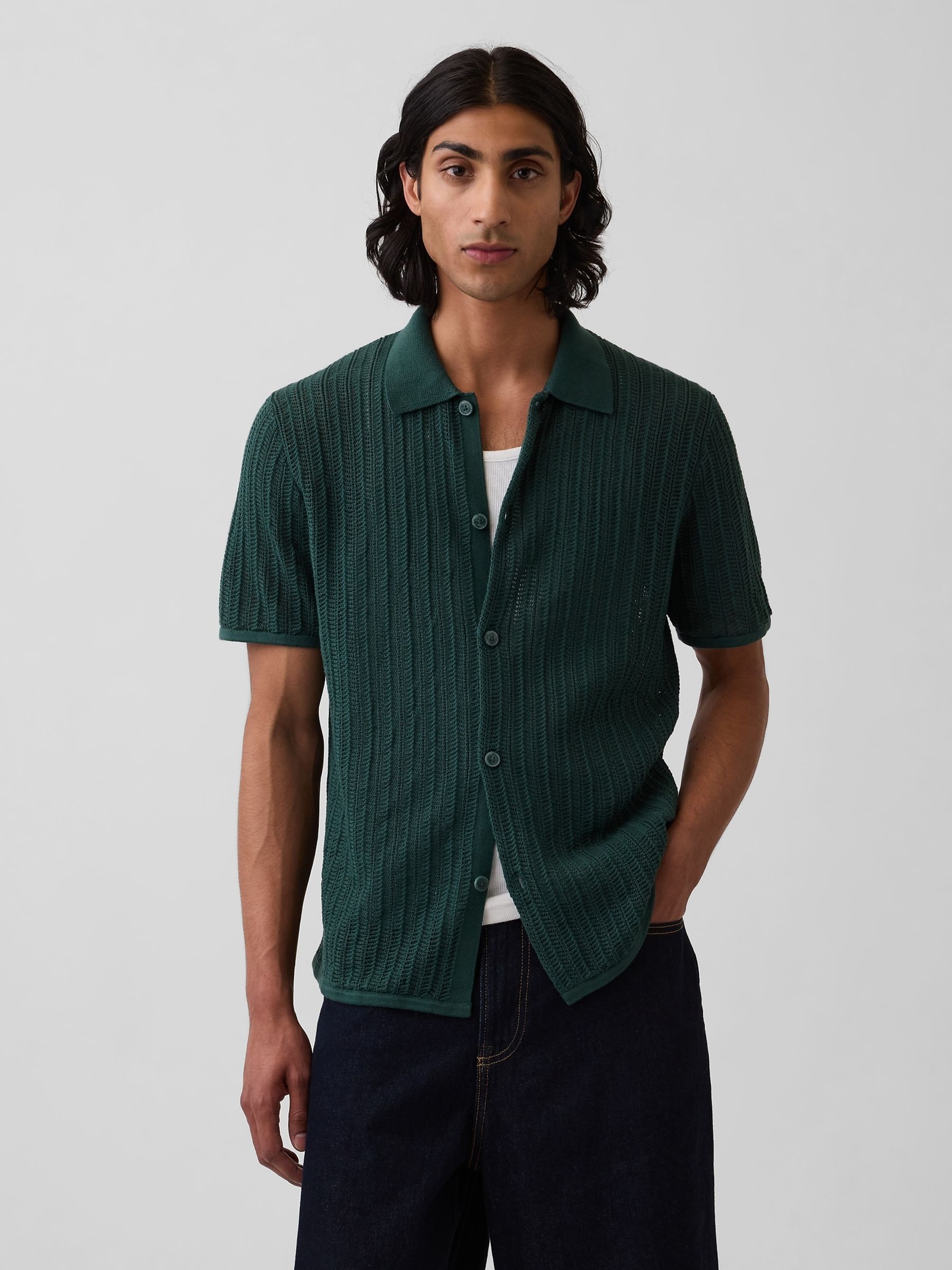 Green Textured Relaxed Crochet Shirt - Image 1 of 8