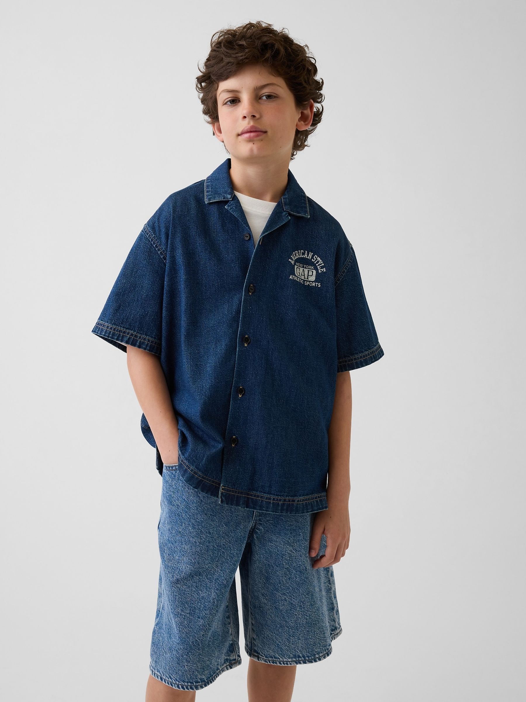 Dark Wash Denim Relaxed New York Logo Short Sleeve Shirt - Image 1 of 4