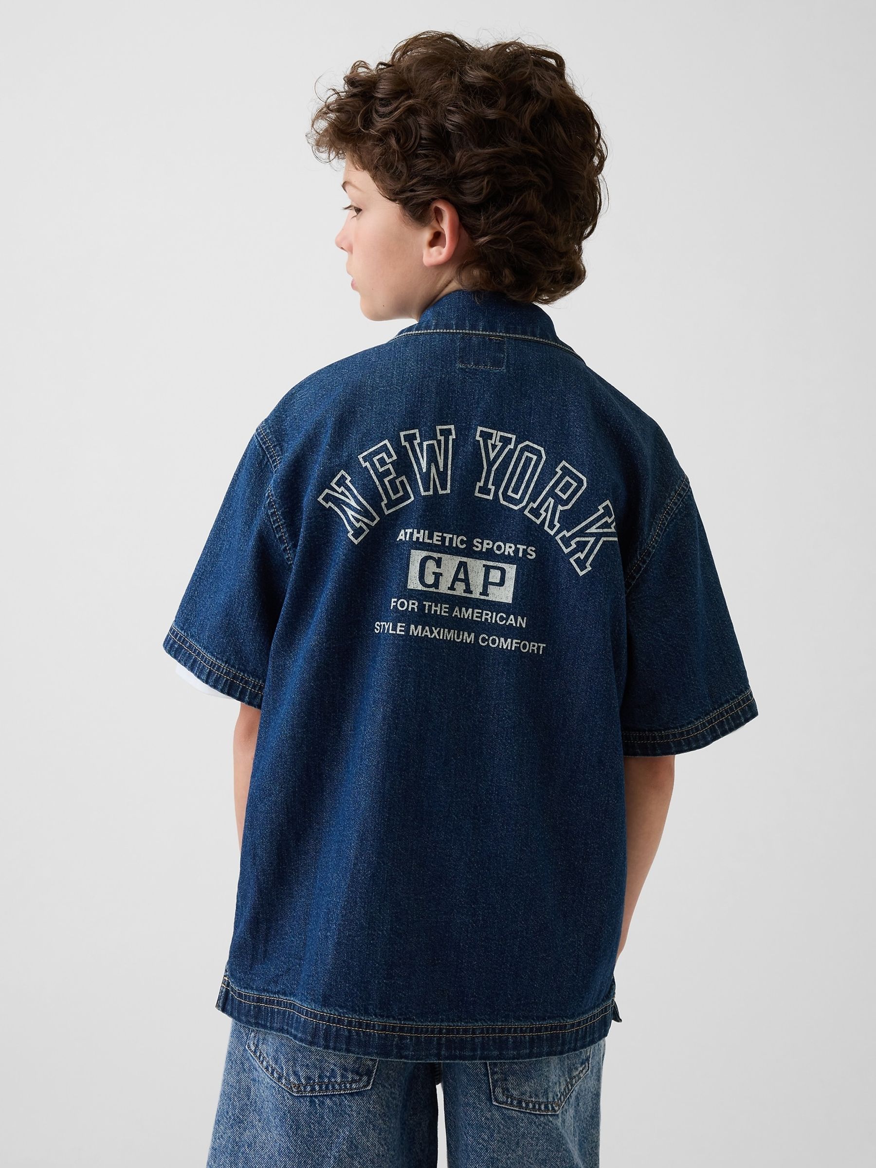 Dark Wash Denim Relaxed New York Logo Short Sleeve Shirt - Image 2 of 4