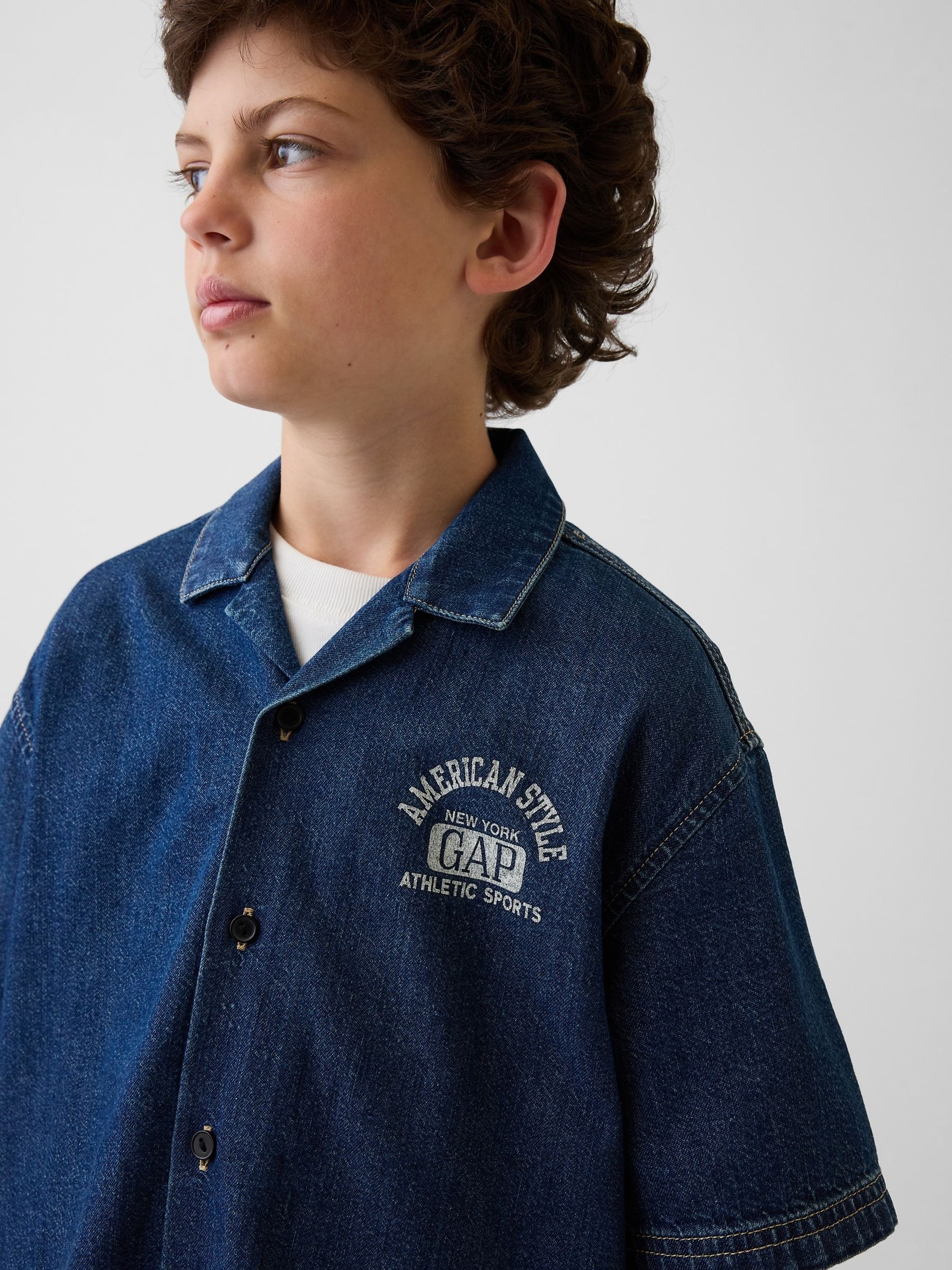 Dark Wash Denim Relaxed New York Logo Short Sleeve Shirt - Image 3 of 4
