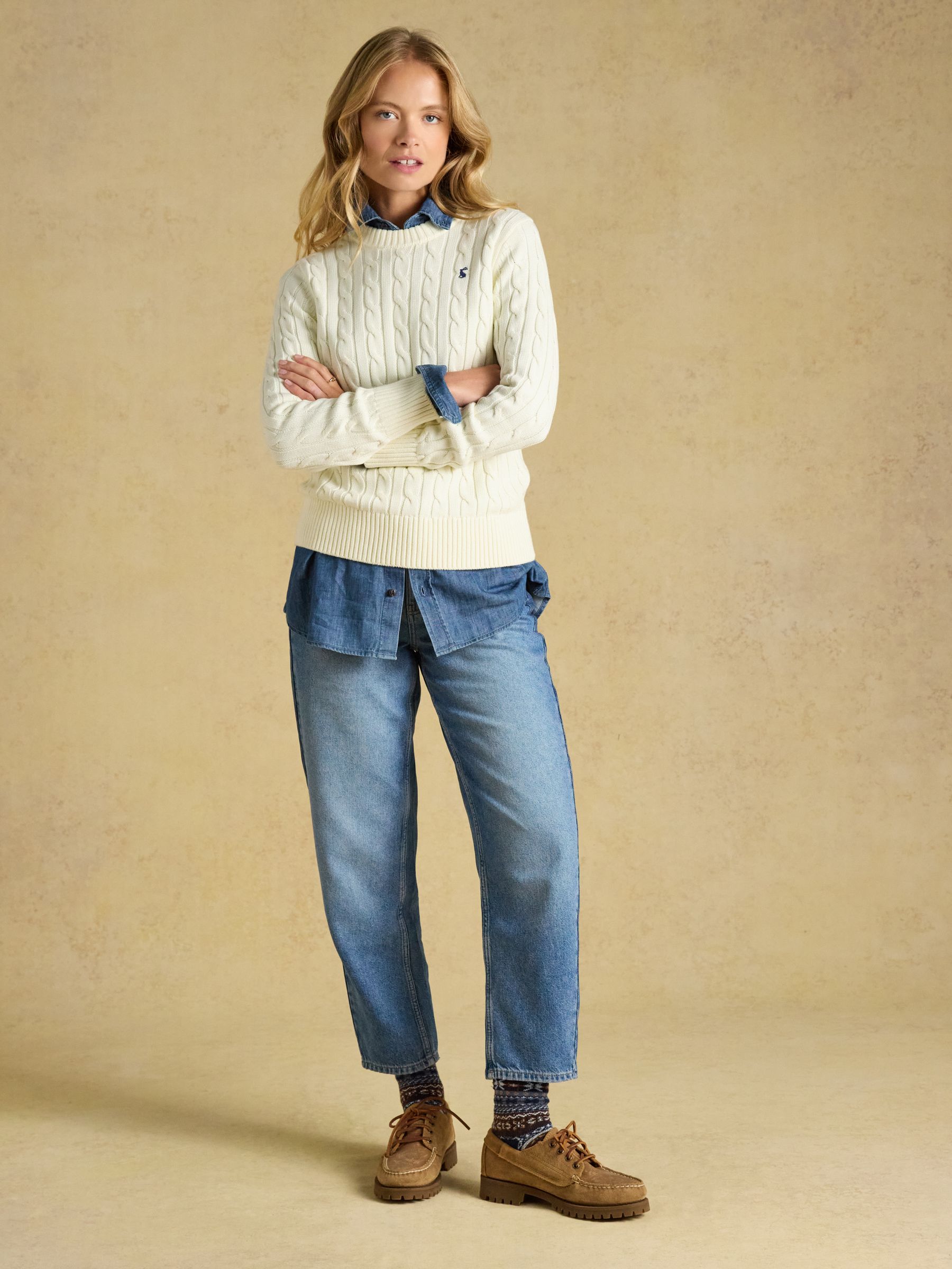 Cream Classic Crew Neck Cotton Cable Knit Jumper - Image 3 of 8