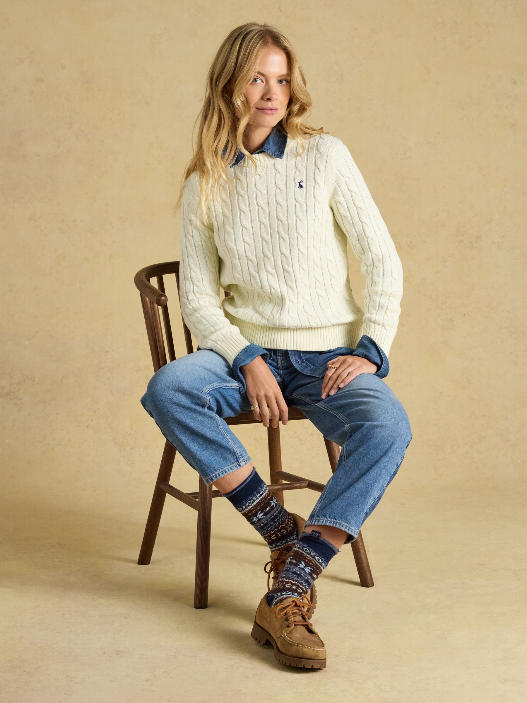 Cream Classic Crew Neck Cotton Cable Knit Jumper - Image 5 of 8
