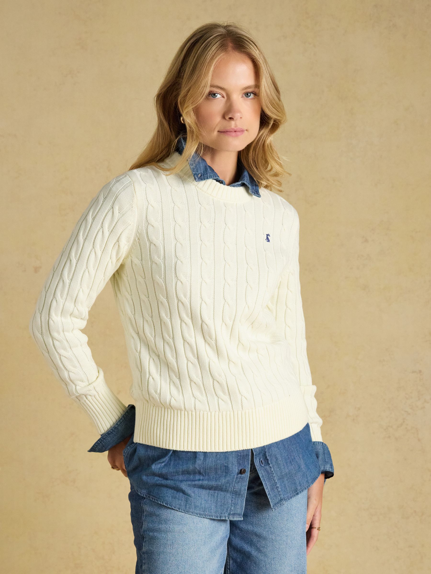 Cream Classic Crew Neck Cotton Cable Knit Jumper - Image 6 of 8