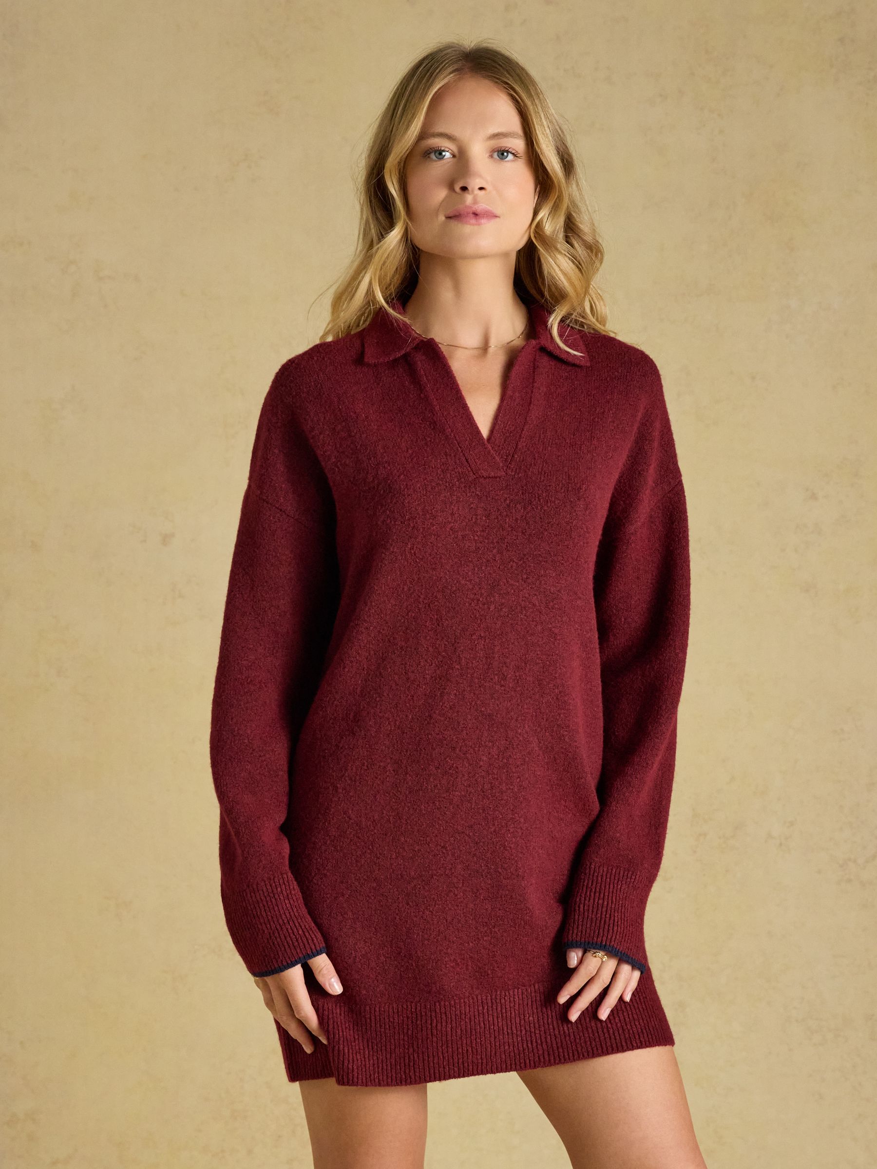 Collared Burgundy Red Knitted Mini Dress - Image 1 of 7