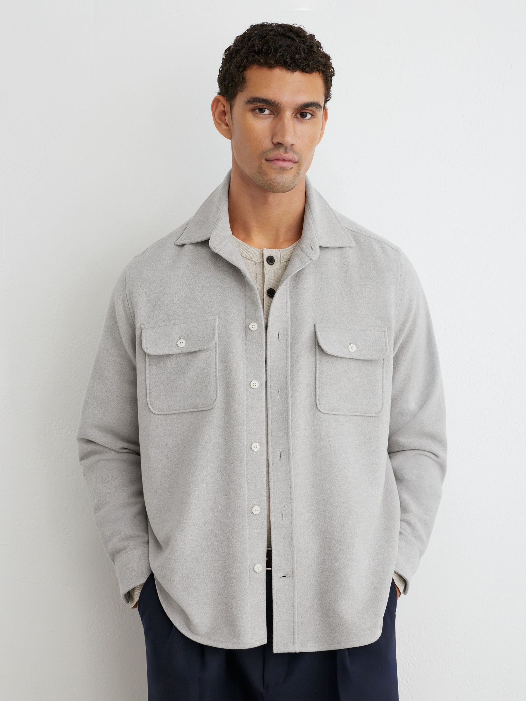Cotton Moleskin Twin-Pocket Overshirt in Grey Melange - Image 1 of 6