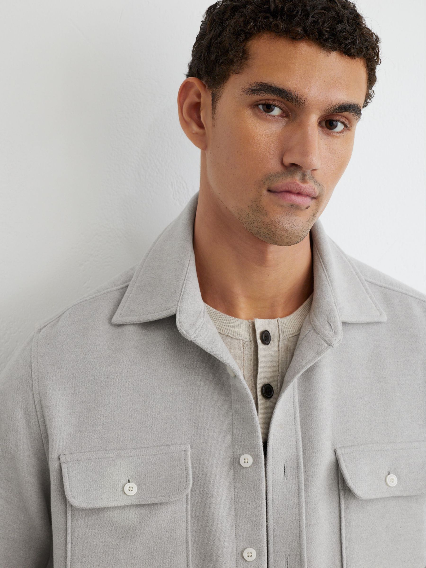 Cotton Moleskin Twin-Pocket Overshirt in Grey Melange - Image 4 of 6