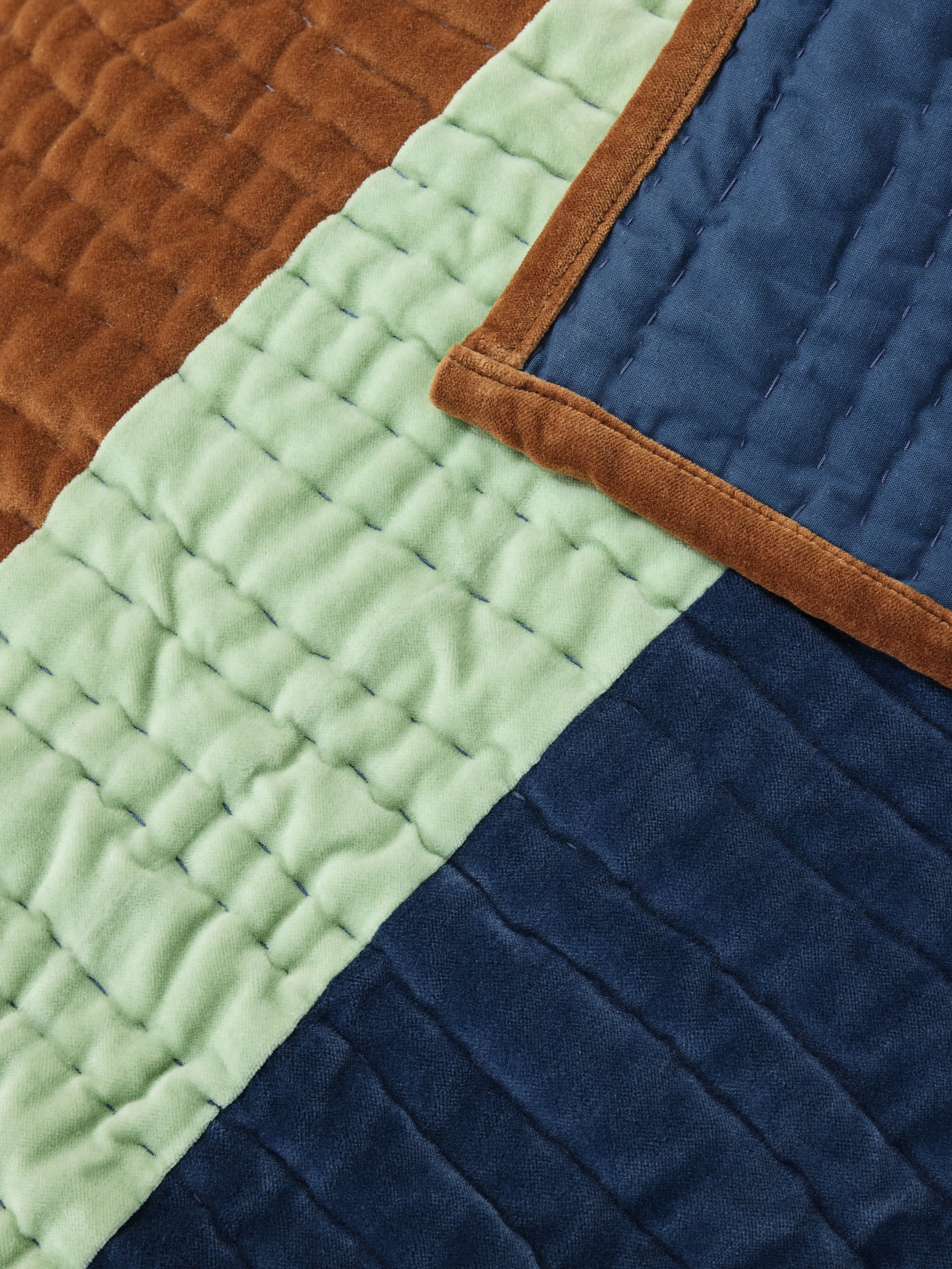 Zetta Patchwork Stripe Cotton Velvet Quilted Bedspread in Blue - Image 2 of 5 Zetta Patchwork Stripe Cotton Velvet Quilted Bedspread in Blue - Image 2 of 5