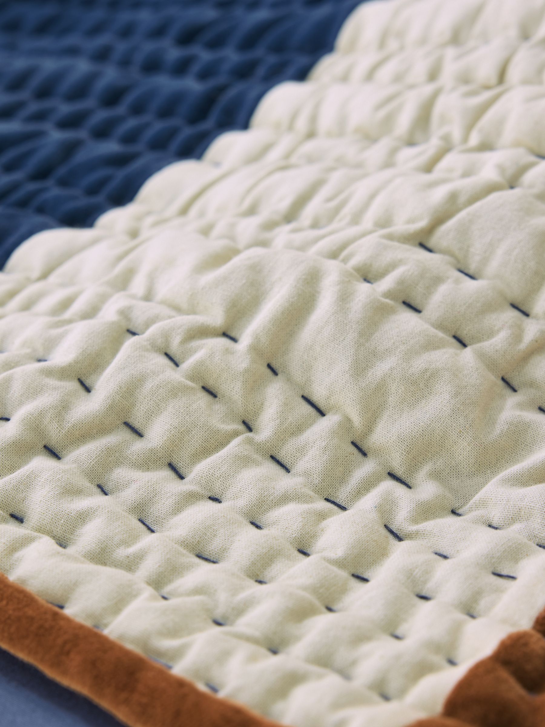 Zetta Patchwork Stripe Cotton Velvet Quilted Bedspread in Blue - Image 3 of 5