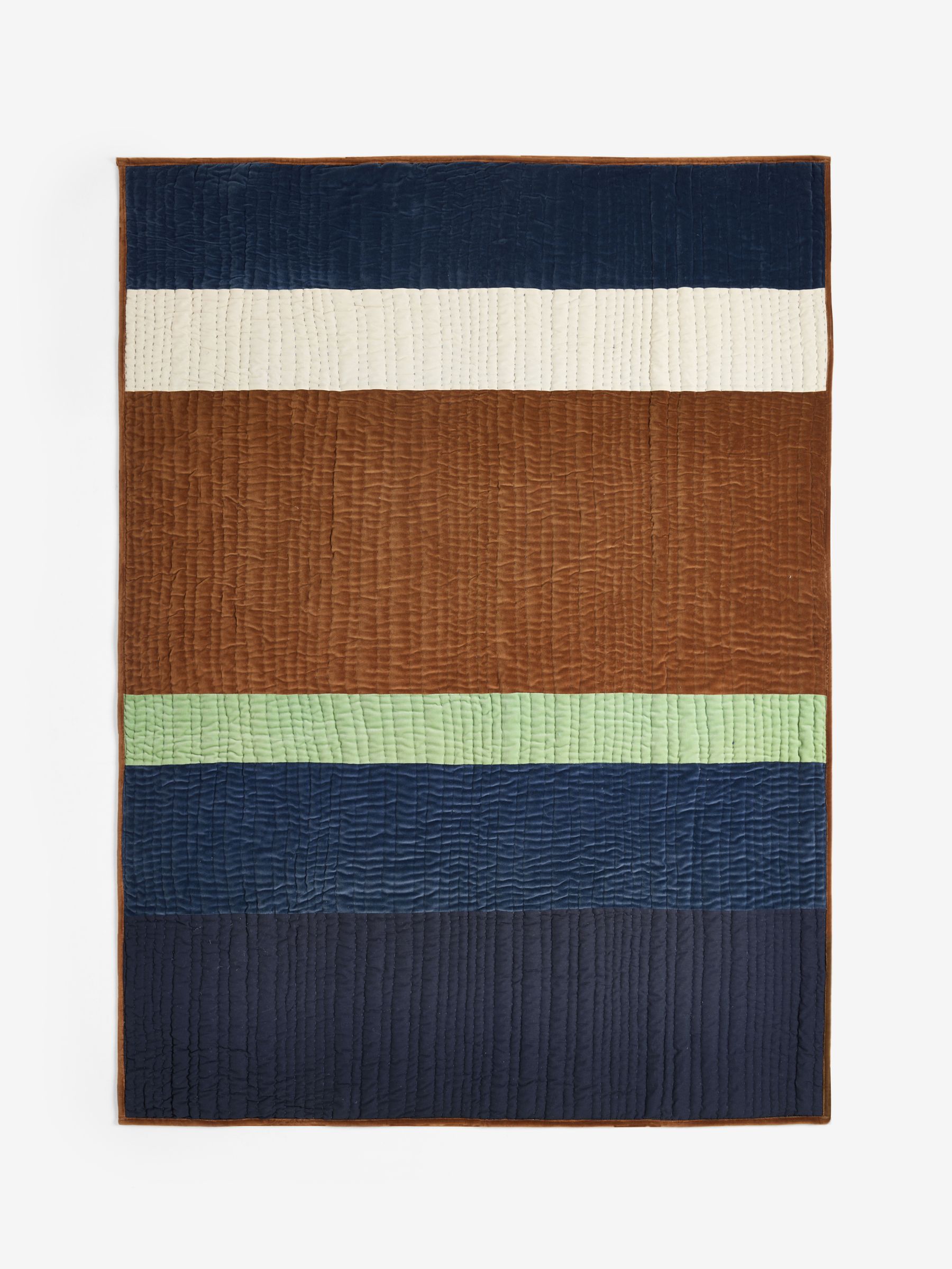 Zetta Patchwork Stripe Cotton Velvet Quilted Bedspread in Blue - Image 5 of 5 Zetta Patchwork Stripe Cotton Velvet Quilted Bedspread in Blue - Image 5 of 5