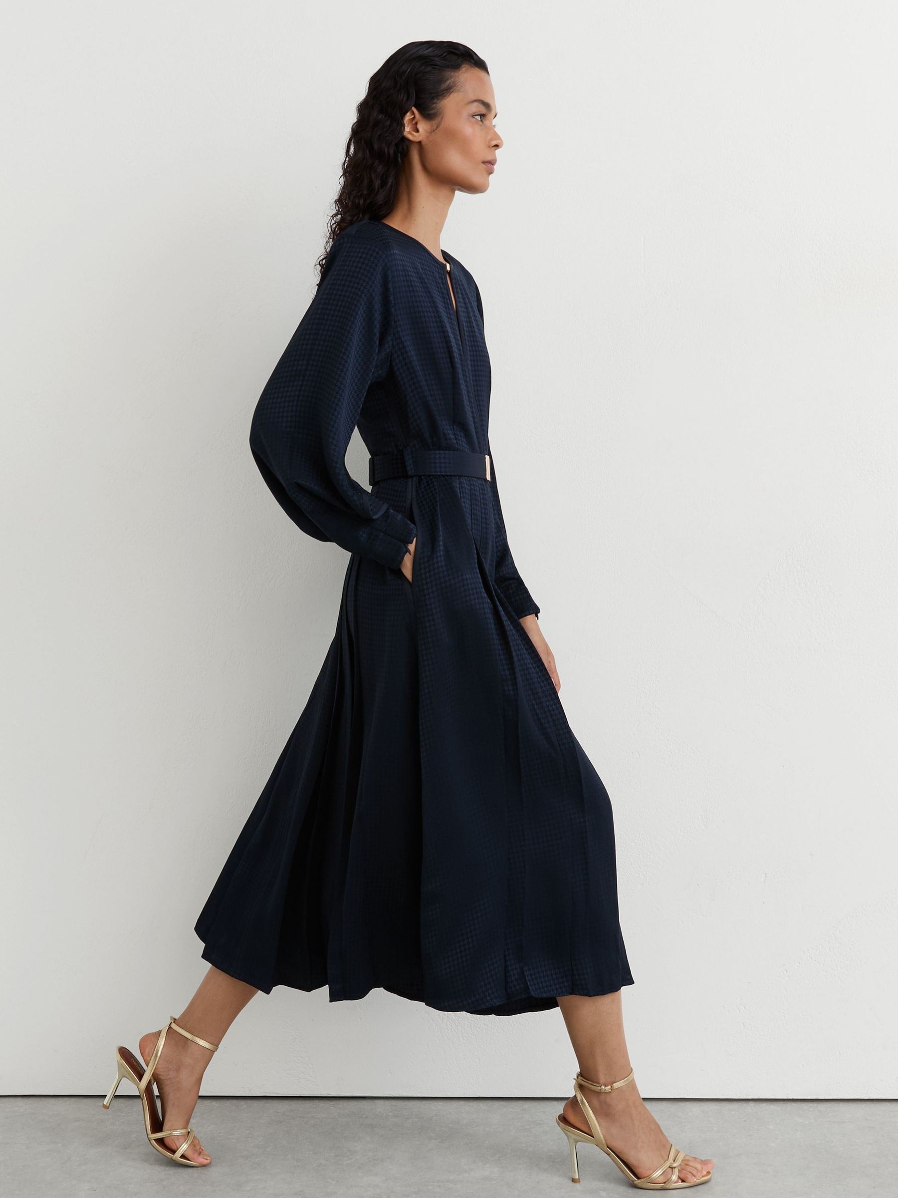 Houndstooth-Check Belted Midi Dress in Navy - Image 1 of 8