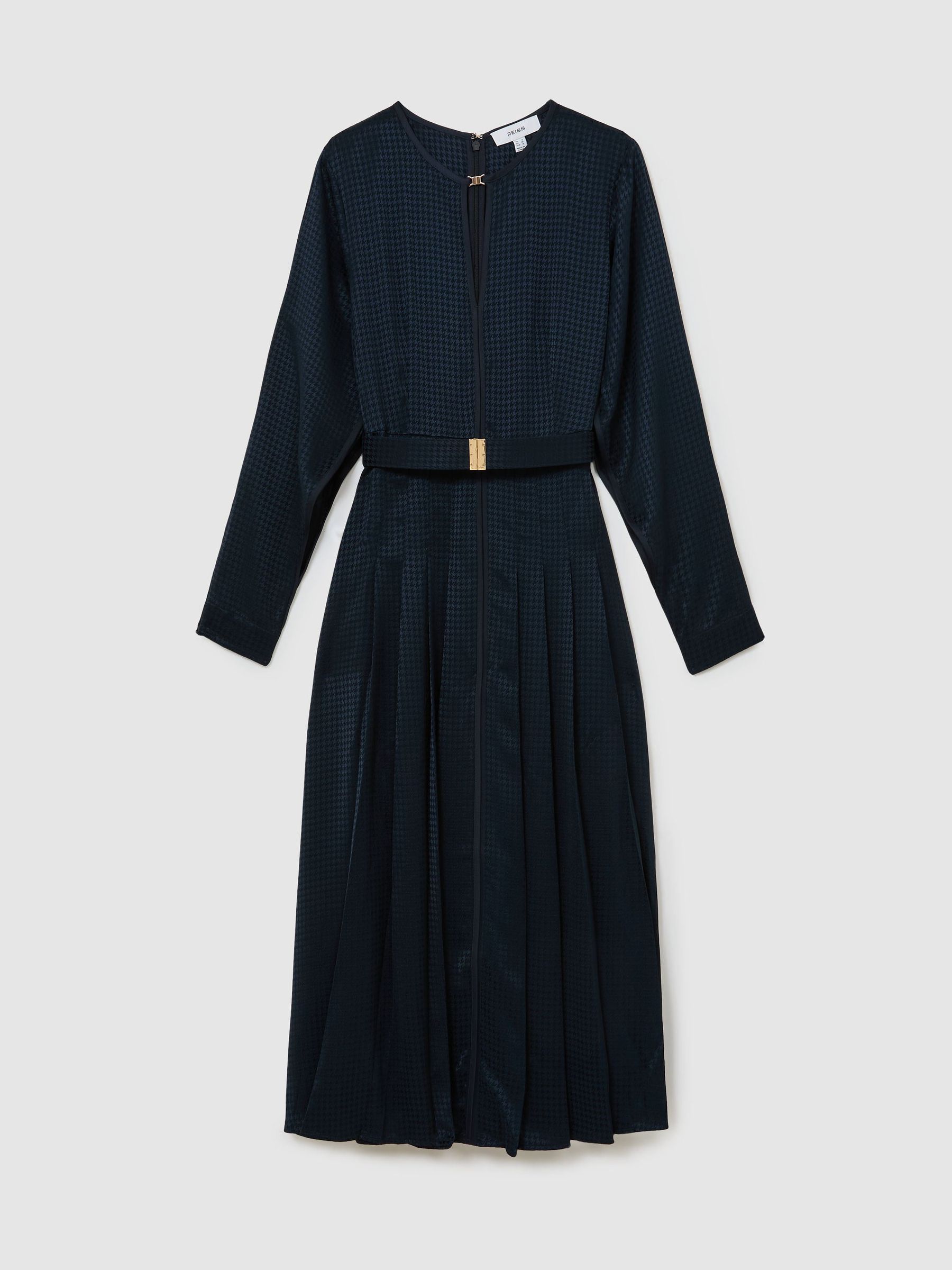 Houndstooth-Check Belted Midi Dress in Navy - Image 2 of 8