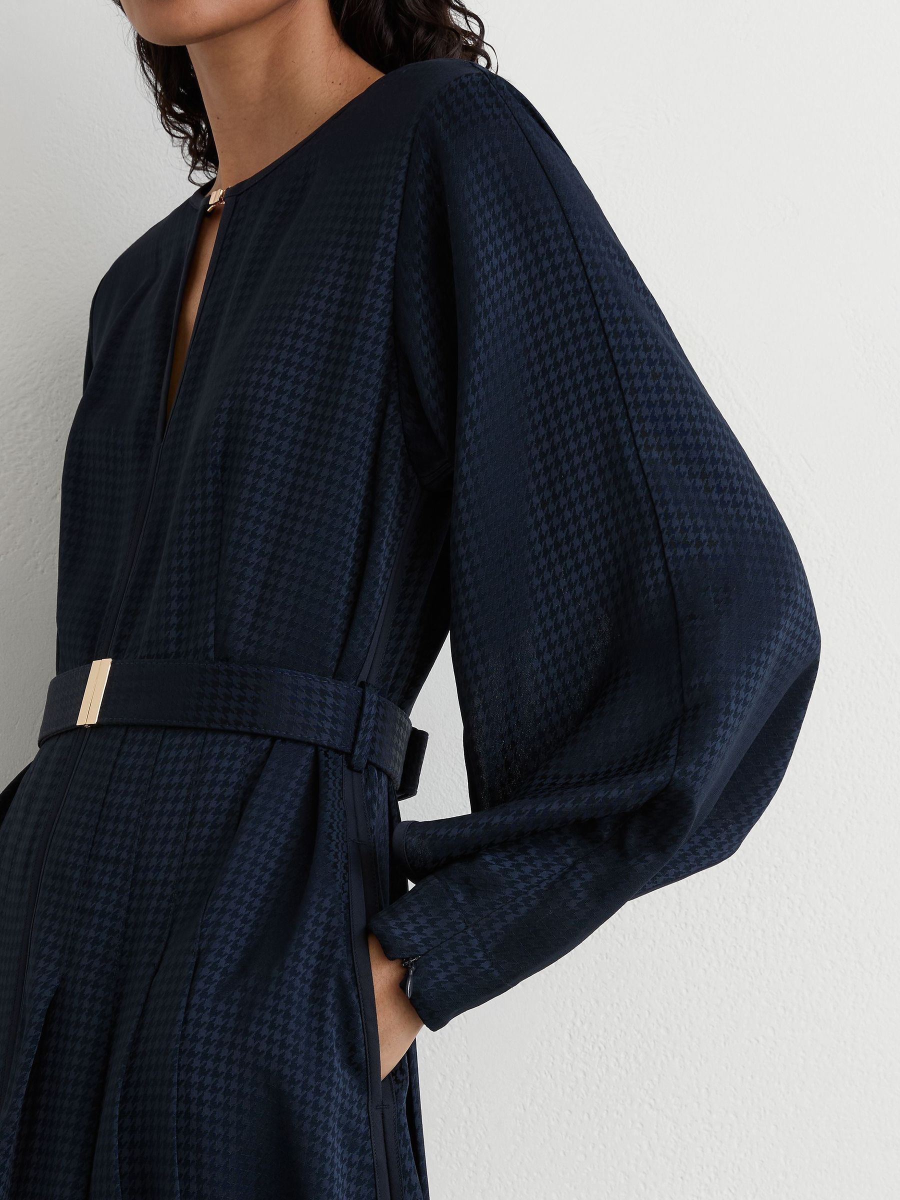 Houndstooth-Check Belted Midi Dress in Navy - Image 3 of 8