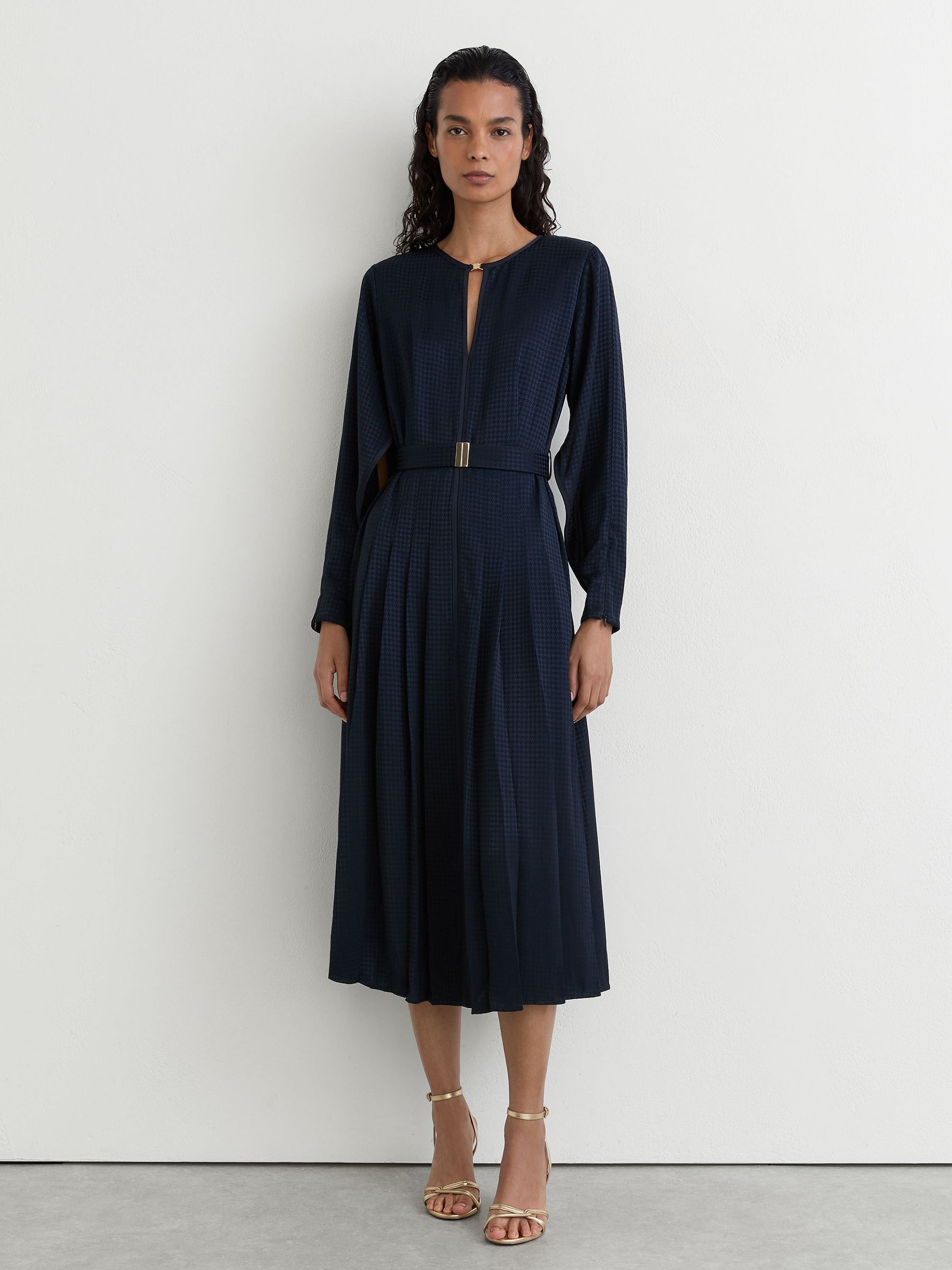 Houndstooth-Check Belted Midi Dress in Navy - Image 5 of 8